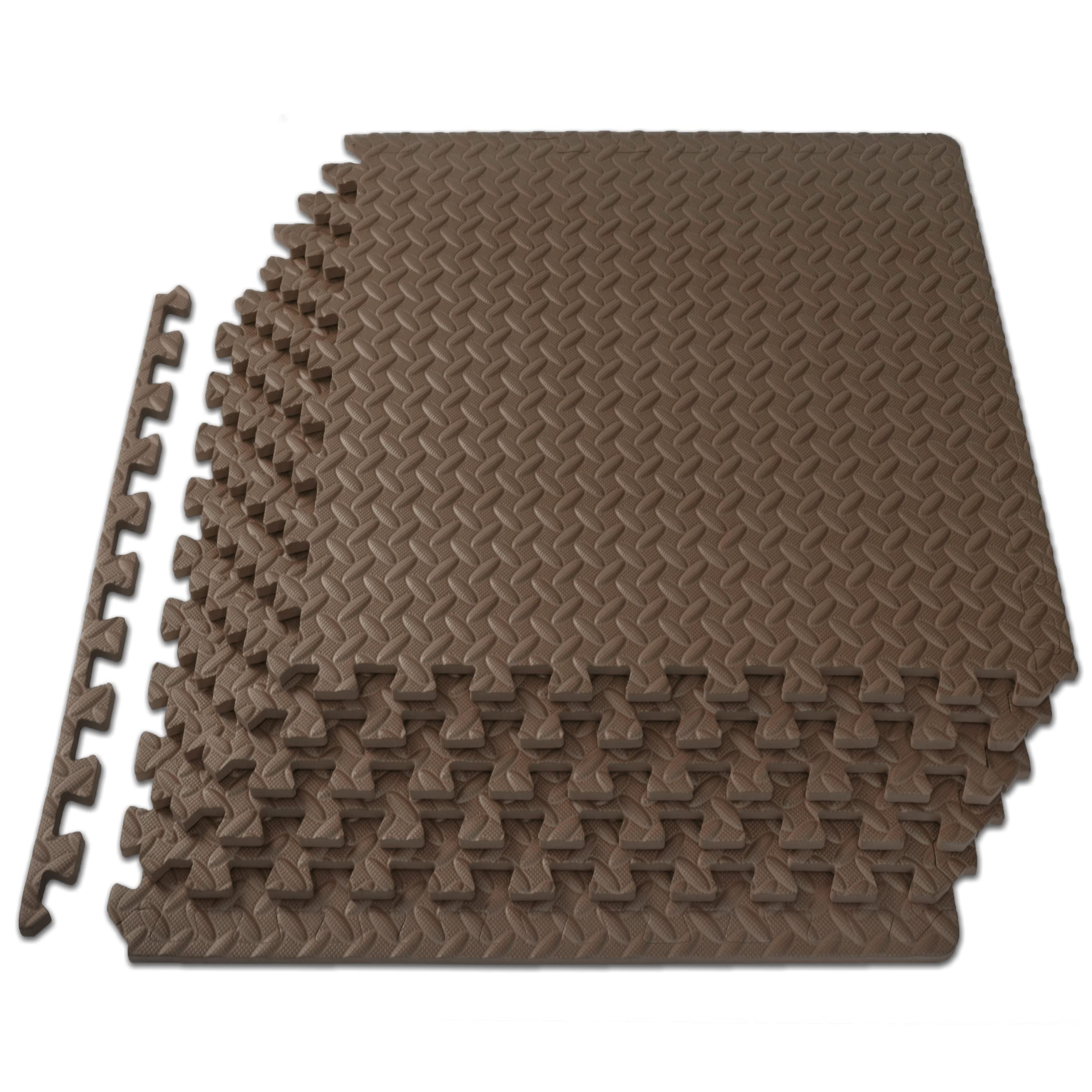 Black ProsourceFit EVA interlocking foam puzzle exercise mat with 12 tiles, 24"x24" each, for home gym floor padding and workouts.