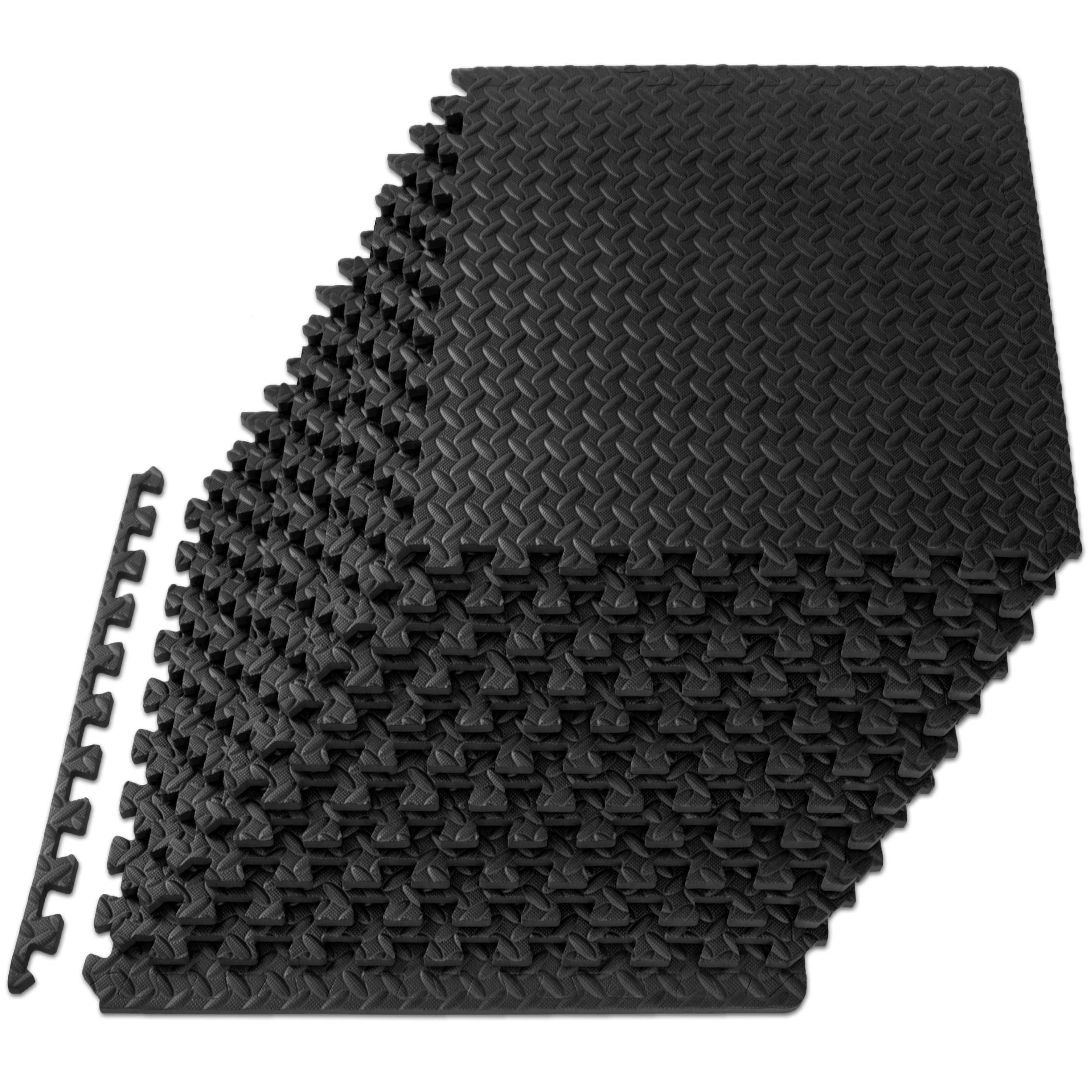Black ProsourceFit EVA interlocking puzzle exercise mat, 24x24 inches, ½ inch thick foam floor tiles for home gym and workout space.