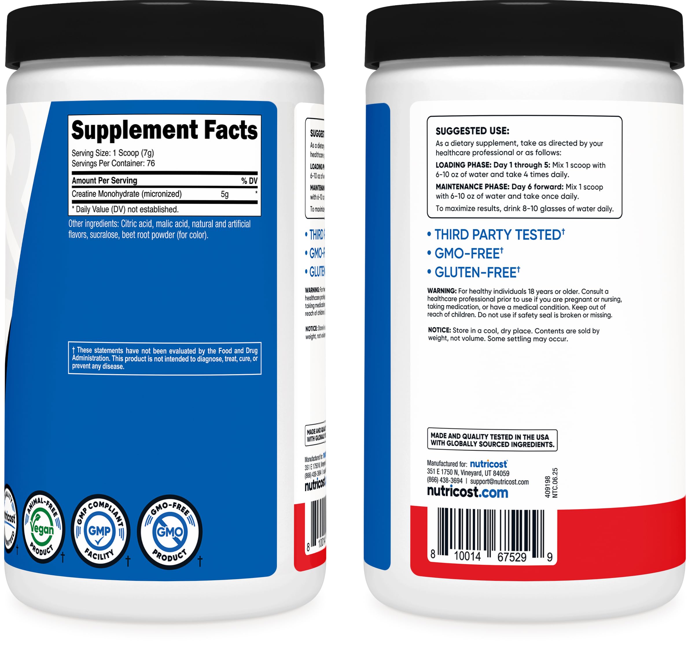 Old World Hub Nutricost Creatine Monohydrate Micronized Powder in 17.9 oz container, showing the white powder inside.