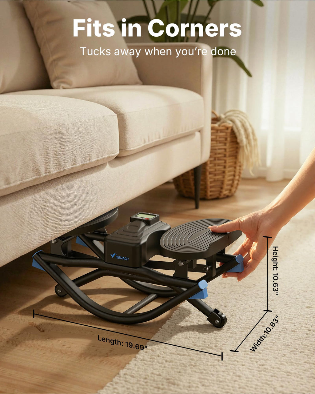 Old World Hub Merach rocking stair stepper with resistance bands, low-impact balance board, 330 lbs capacity for full-body home workouts.