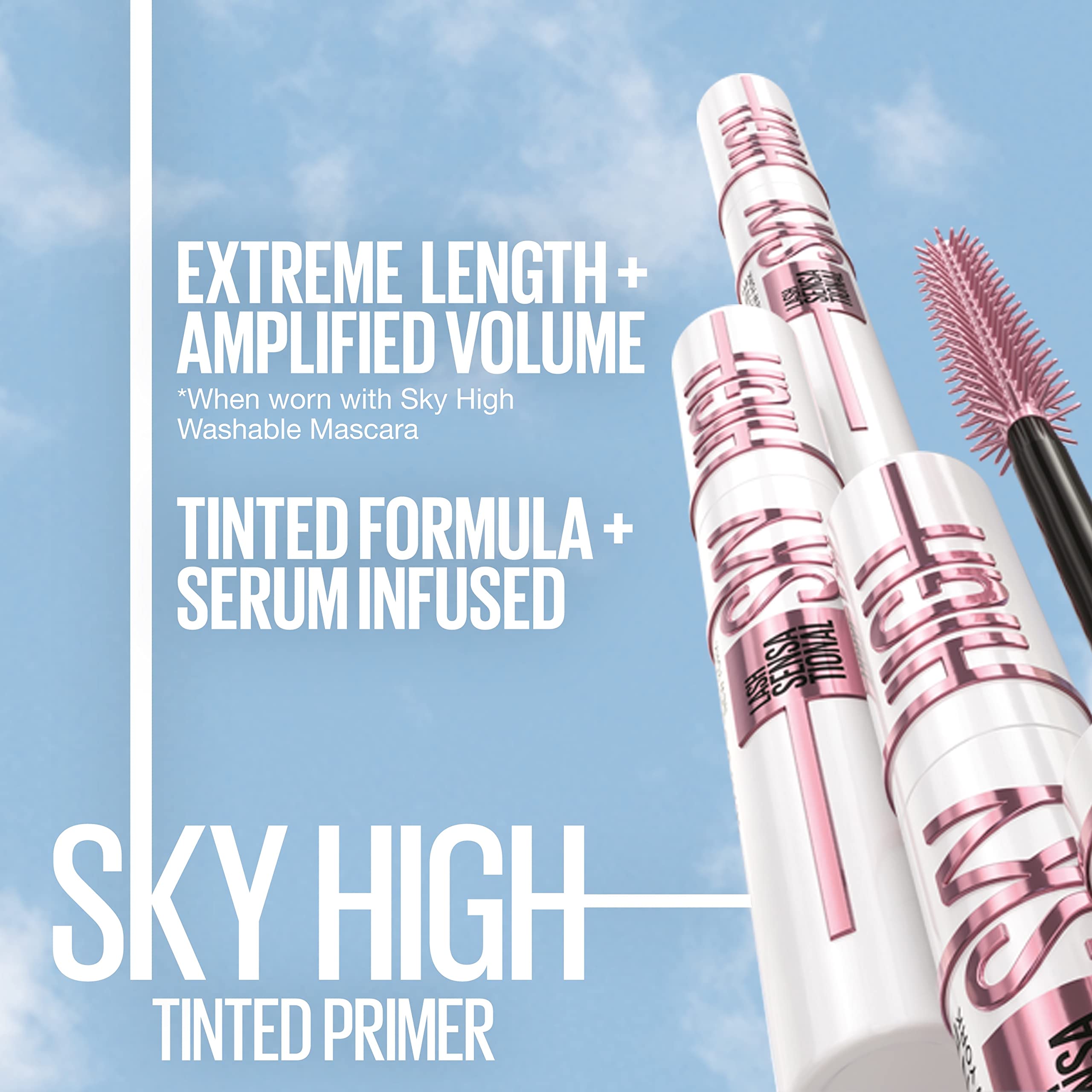 Maybelline Lash Sensational Sky High washable mascara with volumizing, lengthening, and curling black formula on a makeup brush.