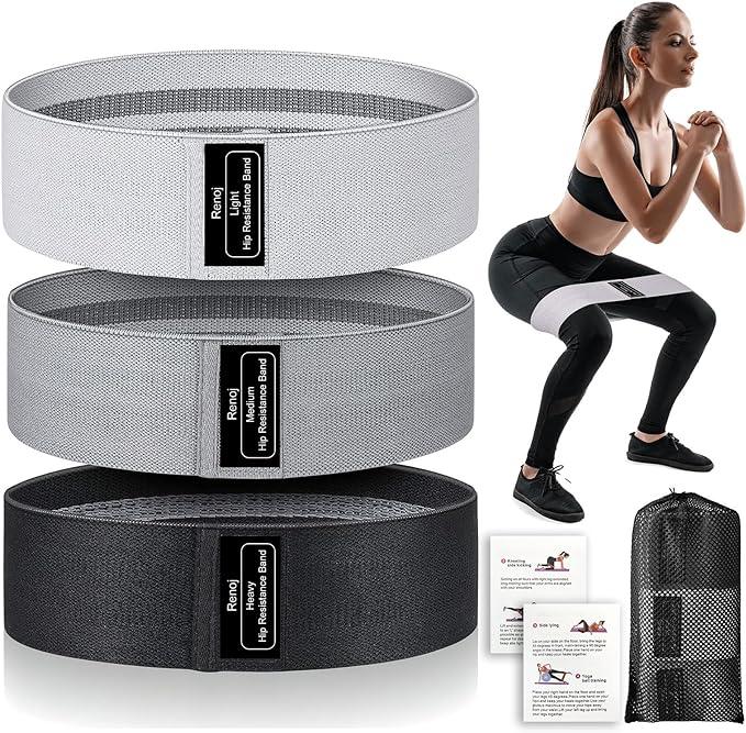 Set of three fabric hip resistance bands in gray shades, woman demonstrating squat exercise, with carrying bag and instruction cards for fitness, workout, and gym training.