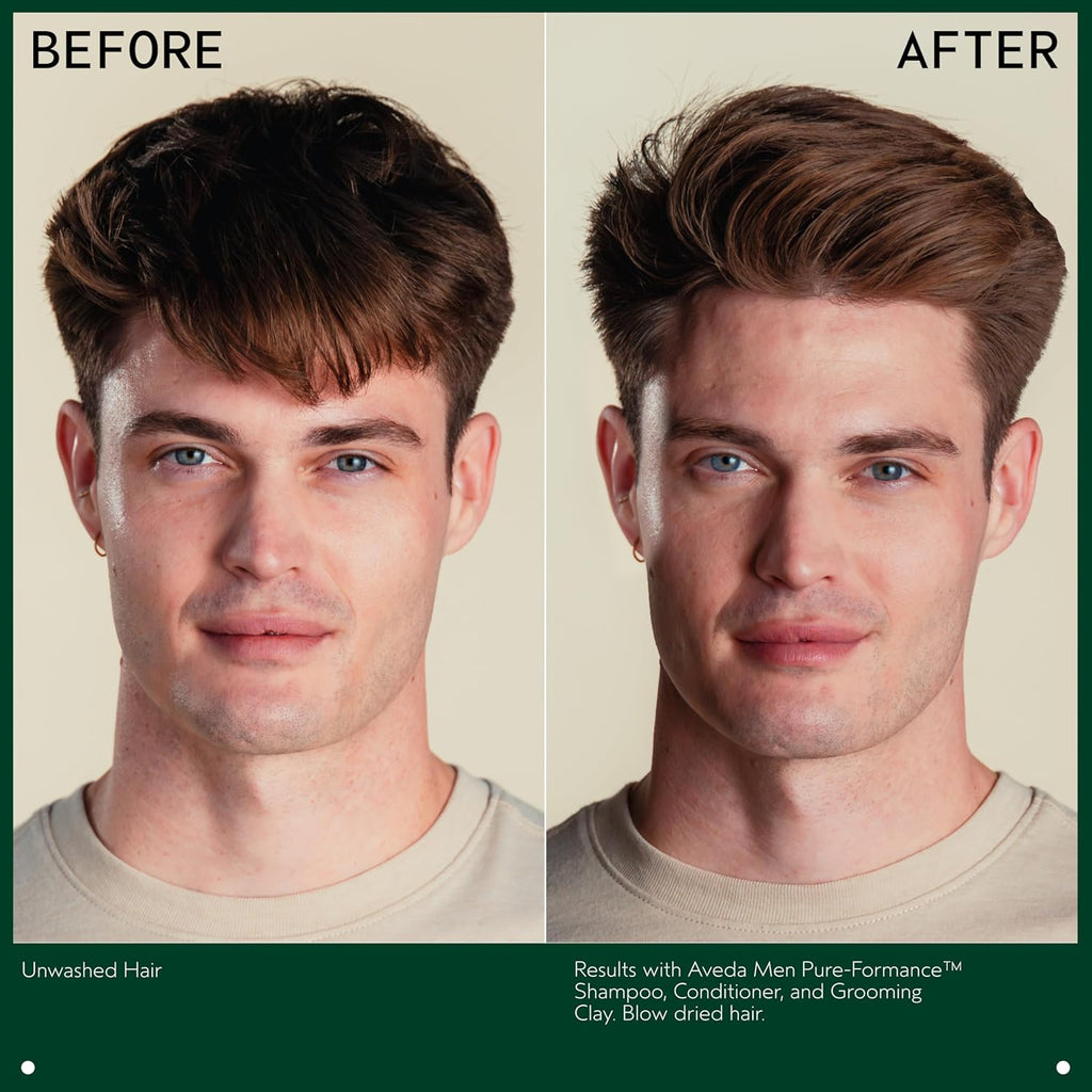 Aveda Men Pure-Formance Grooming Clay jar showing the lightweight, matte-finish styling product with strong, pliable hold in 2.5 oz size