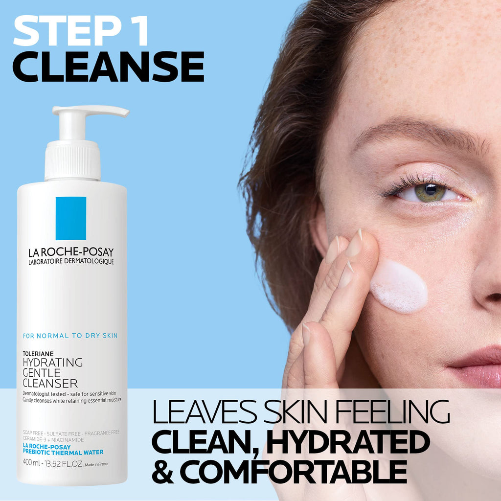 La Roche-Posay Toleriane Hydrating Gentle Face Cleanser bottle with label, designed for dry and sensitive skin, fragrance-free formula.