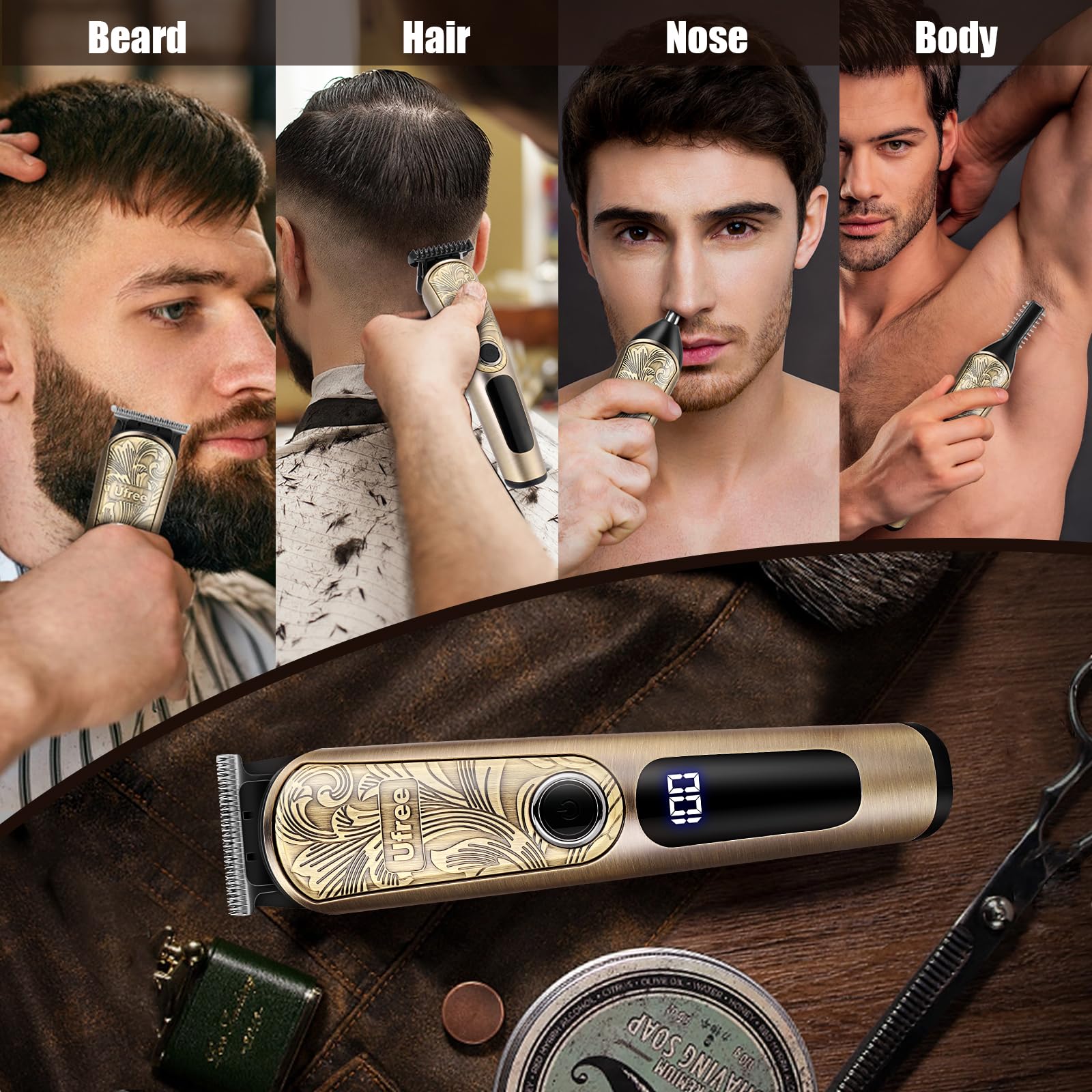 Old World Hub Ufree waterproof beard trimmer for men, cordless electric razor with attachments for nose, face, body, and mustache grooming.