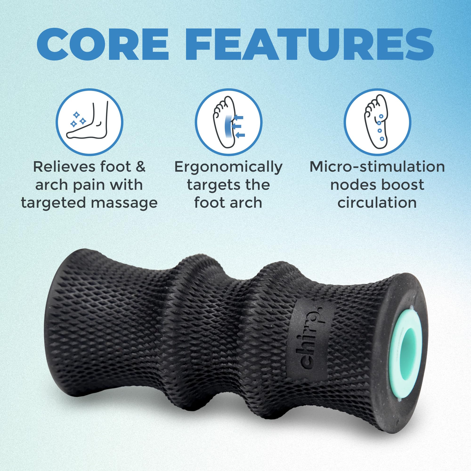 Mint green Chirp Wheel foam roller for back and neck pain relief, muscle massage, and stretching, designed for physical therapy.
