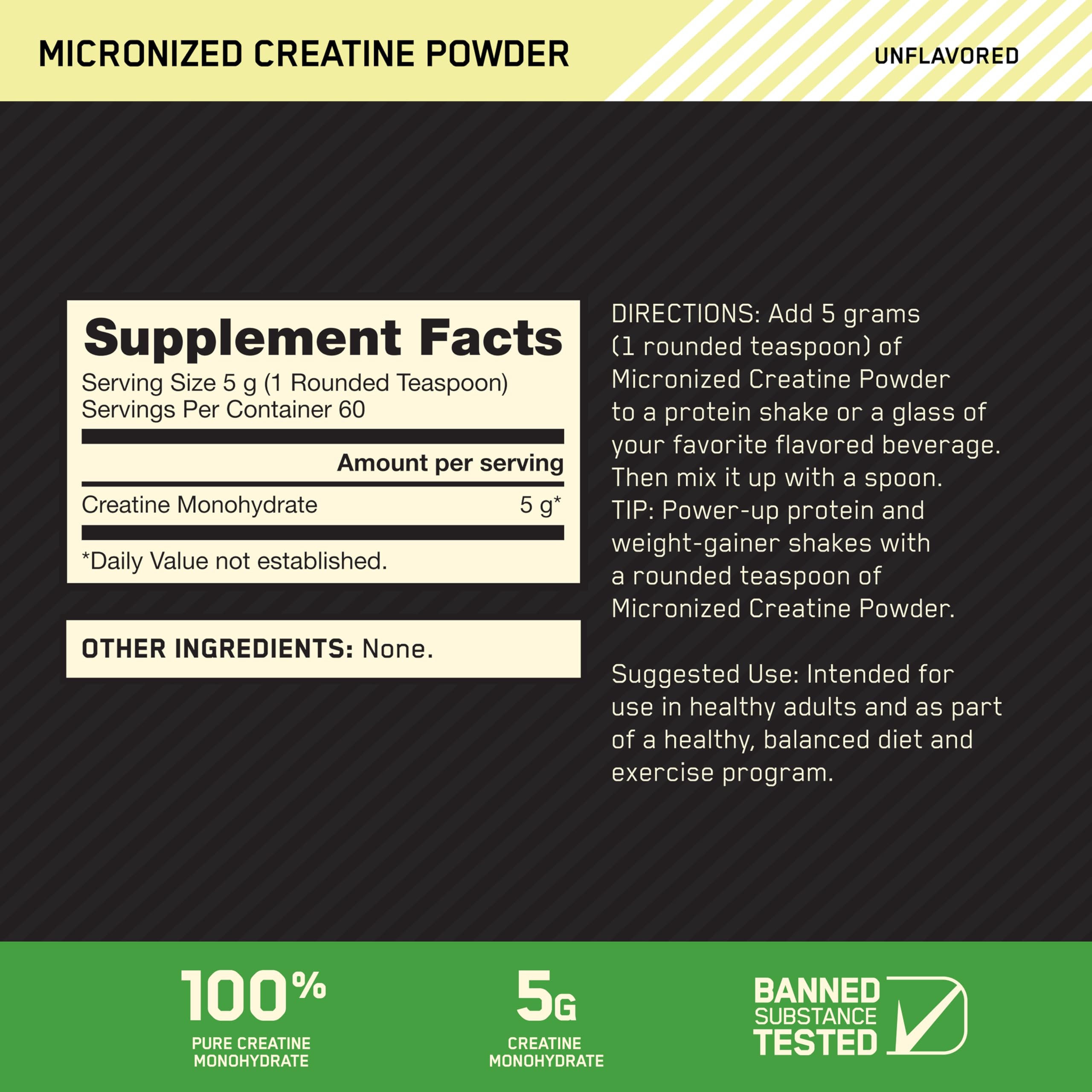 Optimum Nutrition micronized creatine monohydrate powder in unflavored form, 300g packaging, 60 servings for muscle support.