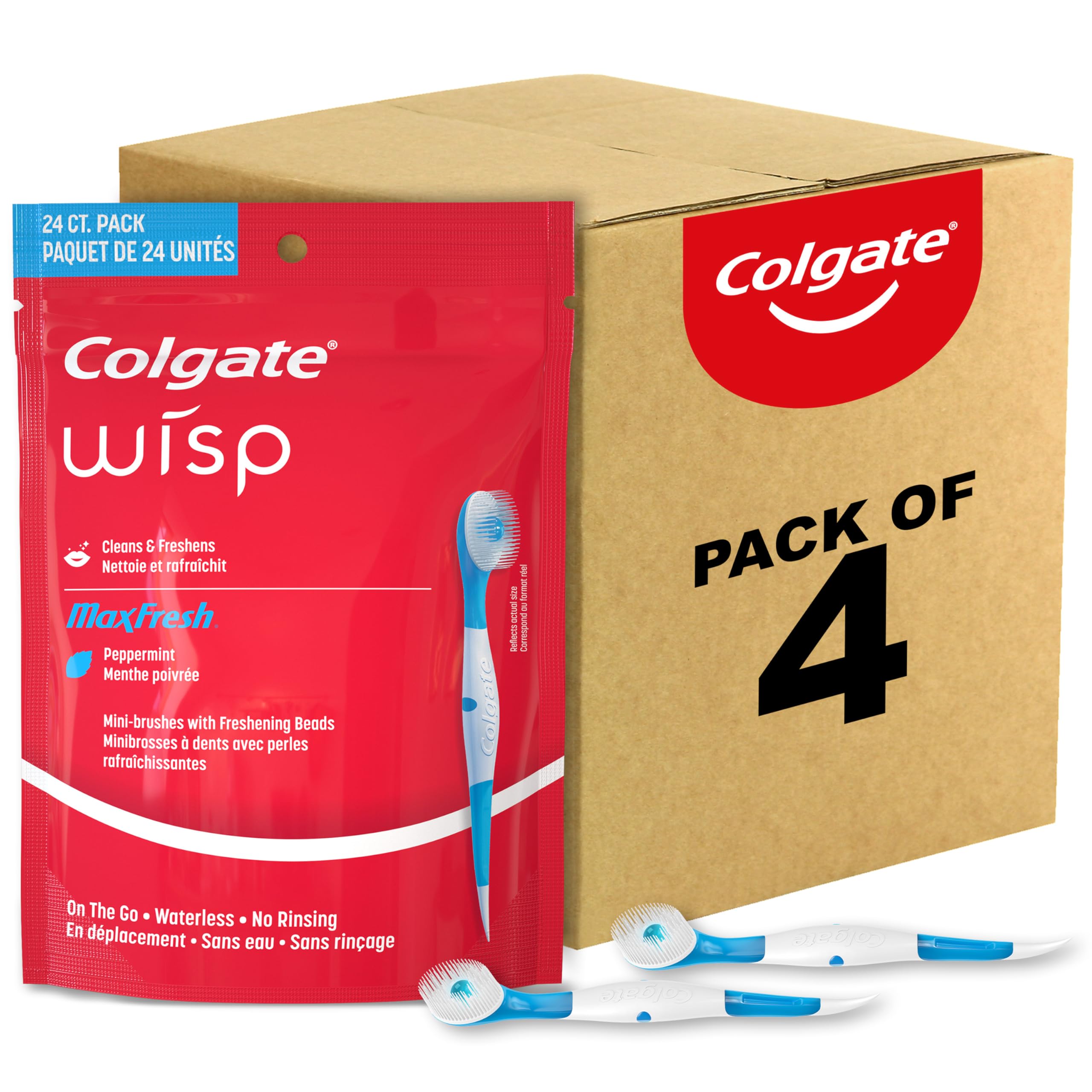 Pack of four Old World Hub Colgate Max Fresh Wisp disposable travel toothbrushes with peppermint flavor, 24 count each.
