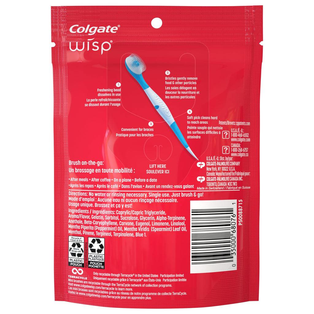 Pack of four Old World Hub Colgate Max Fresh Wisp disposable mini travel toothbrushes with peppermint flavor, 24 count each.