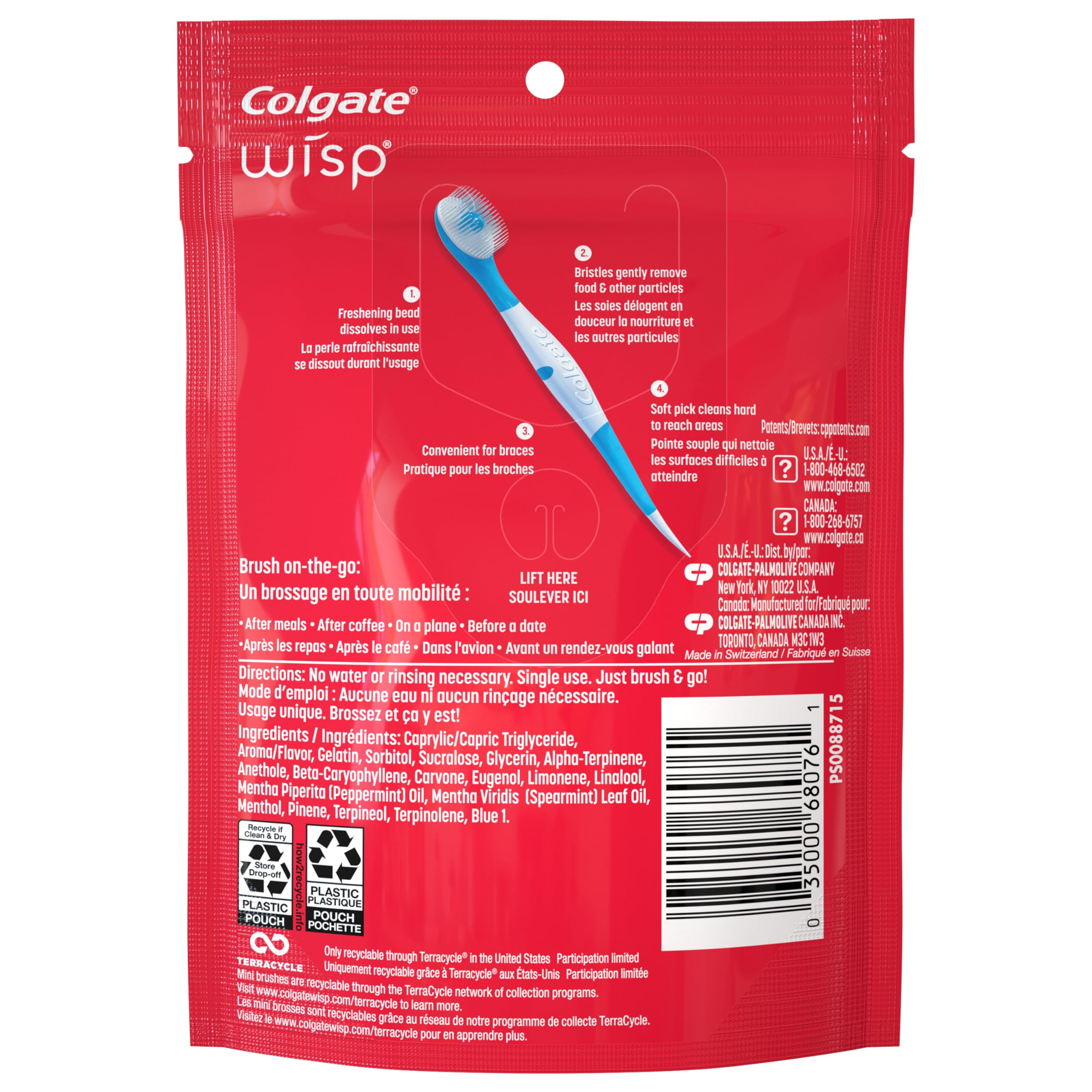 Pack of four Old World Hub Colgate Max Fresh Wisp disposable mini travel toothbrushes with peppermint flavor, 24 count each.