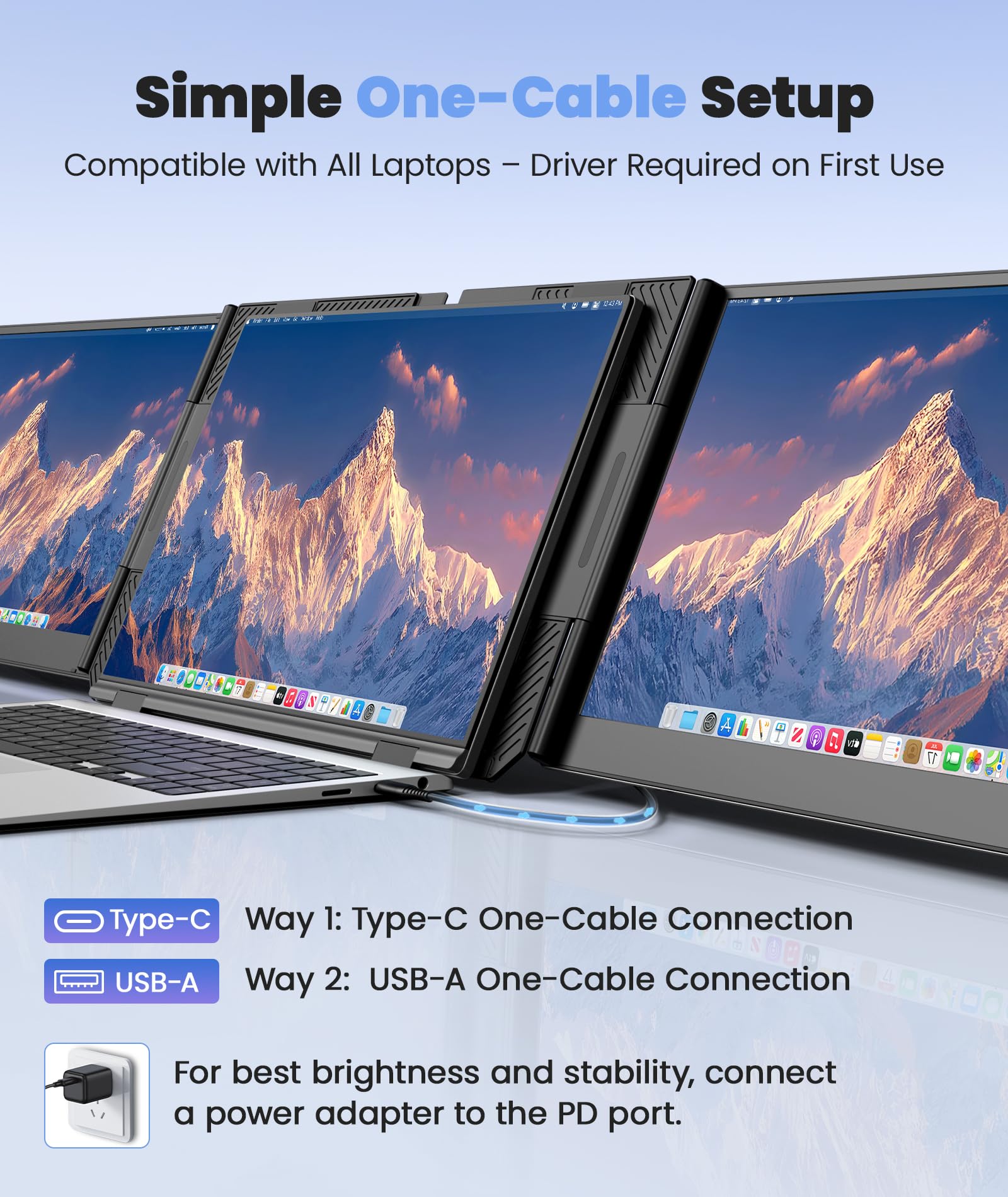 One Cable Laptop Screen Extender, 15.6” Ultra-Slim Triple Portable Monitor, 1080P FHD IPS Display, USB-C/USB-A Connection, Travel Monitor for 13–17.3" Laptops, MacOS/Windows/Android