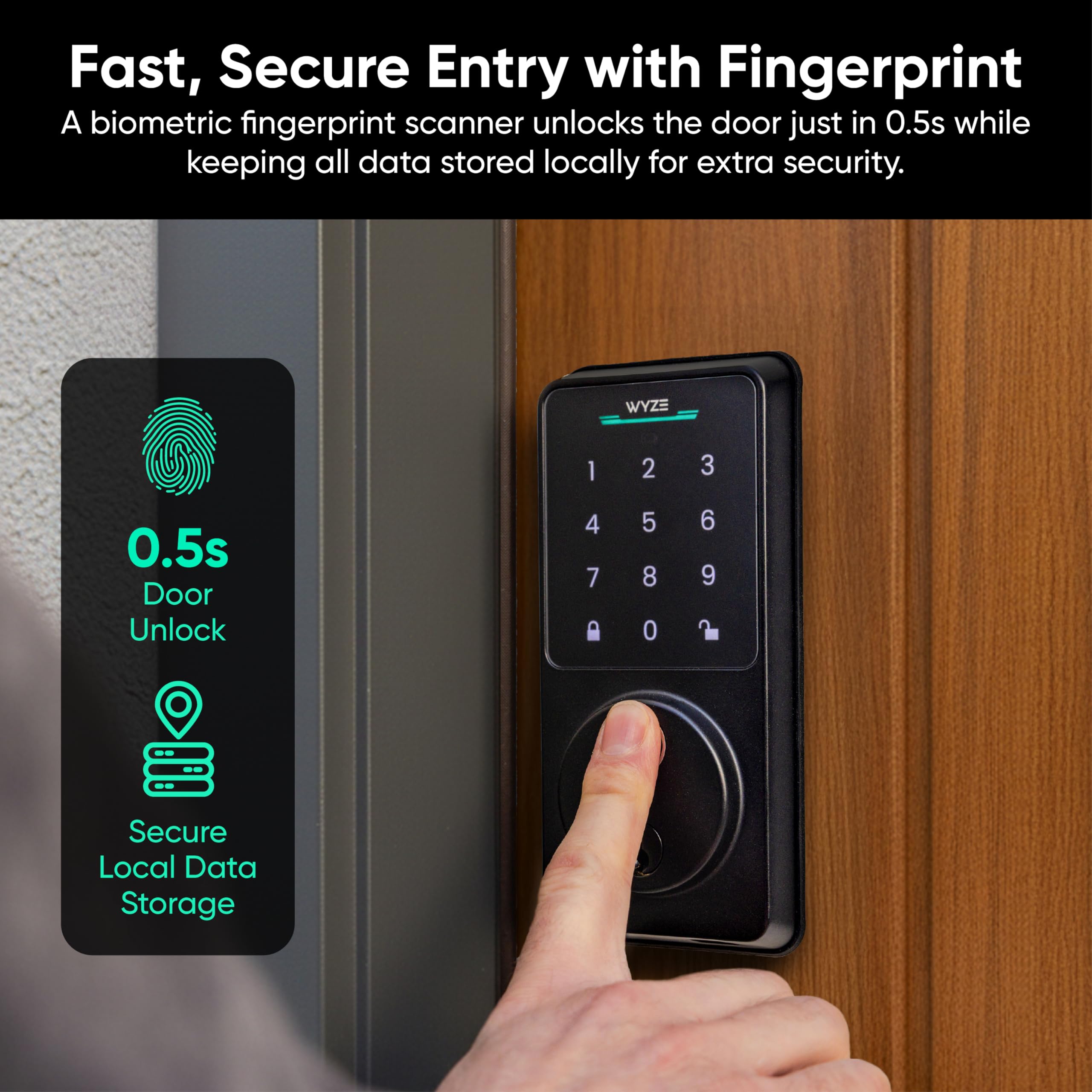 Old World Hub Wyze Palm Lock smart door lock with keypad, biometric palm vein recognition, Wi-Fi, and mechanical key for secure entry.