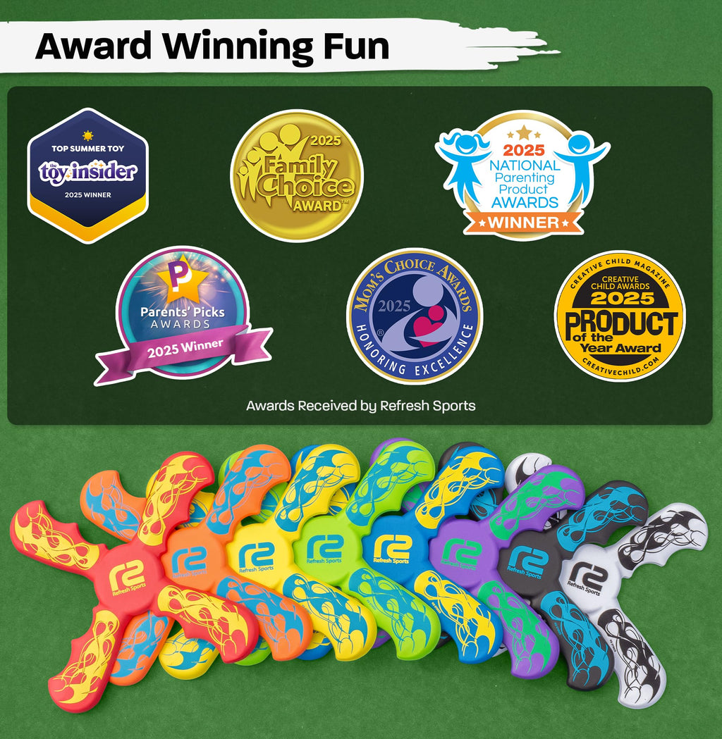 Old World Hub fun boomerang for kids, soft and easy to use outdoor toy, perfect Easter basket stuffer for boys and girls ages 6-12.