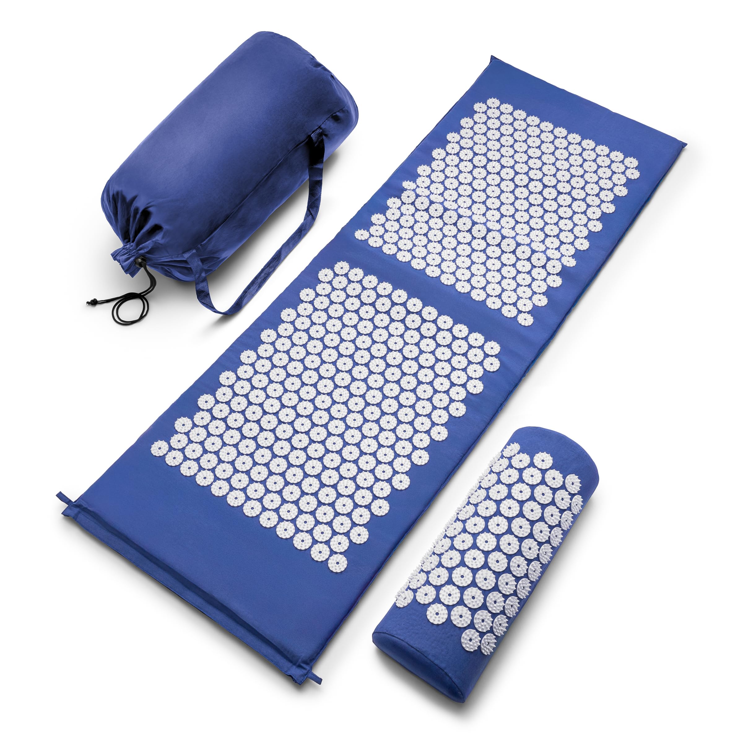 Old World Hub Sivan acupressure mat and pillow set in green for back, neck, and sciatic pain relief with textured surface and support cushions.