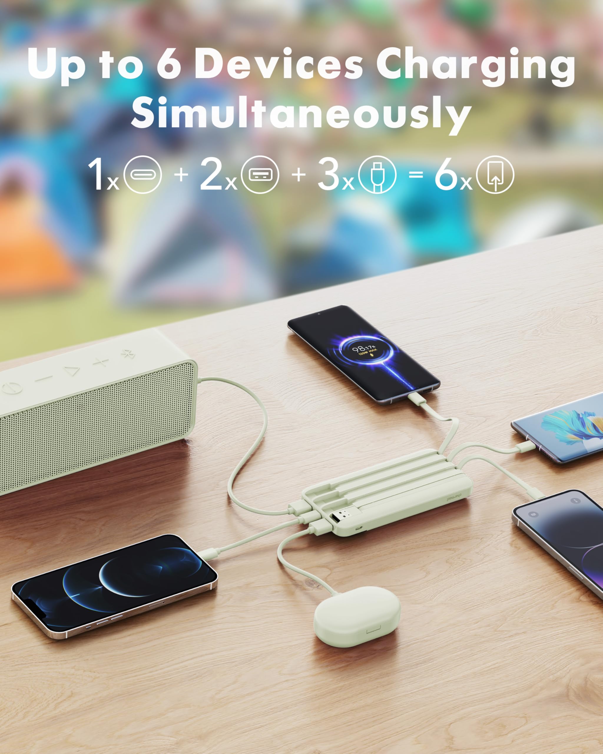 Old World Hub Charmast portable charger with built-in cables and 10000mAh power bank, showing slim design and multiple charging ports.