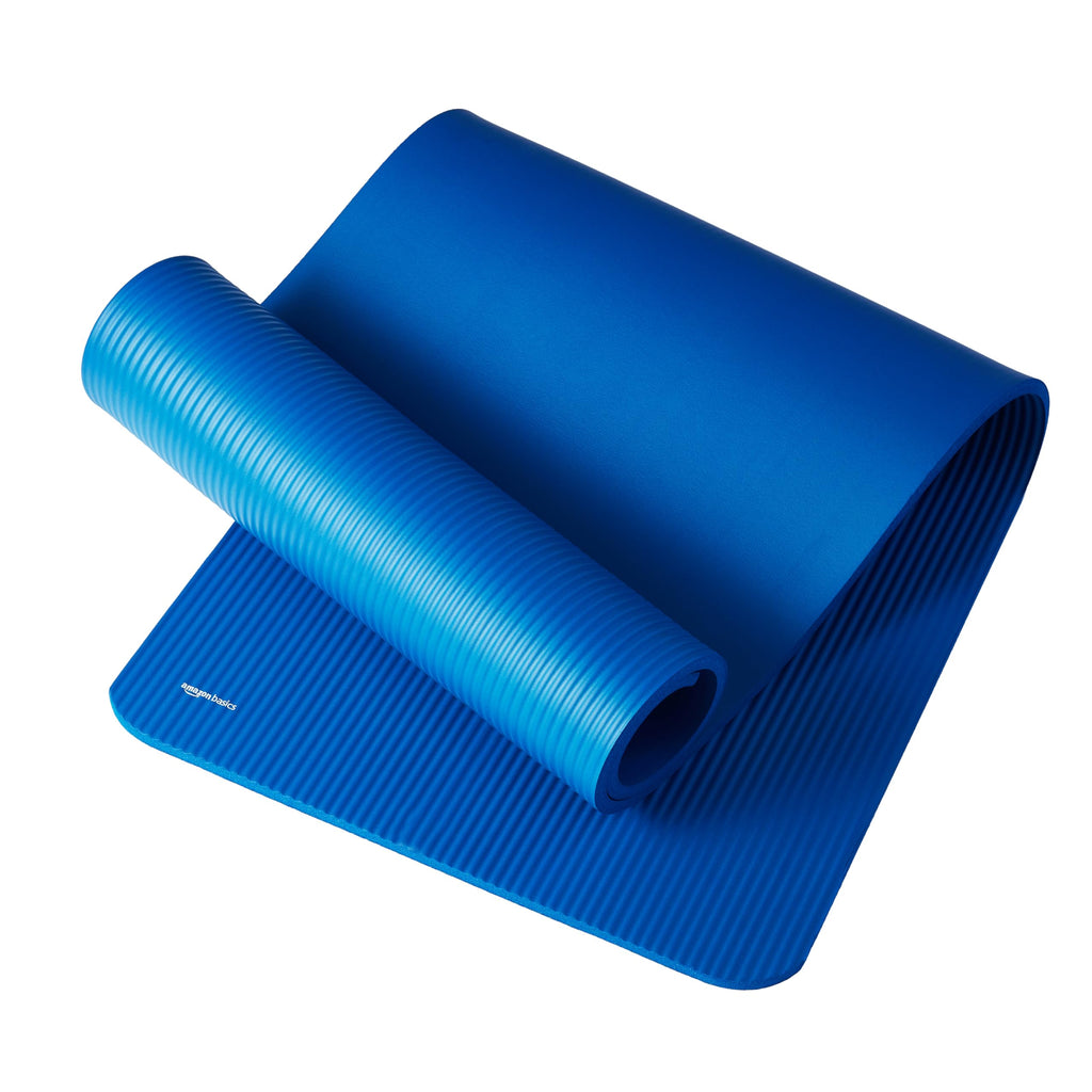 Old World Hub Amazon Basics extra thick exercise yoga mat with carrying strap, showing textured surface for yoga practice