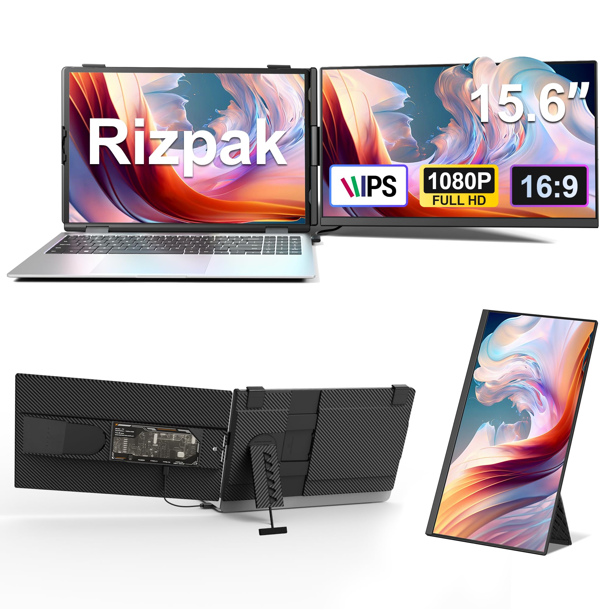 One Cable Laptop Screen Extender, 15.6” Ultra-Slim Triple Portable Monitor, 1080P FHD IPS Display, USB-C/USB-A Connection, Travel Monitor for 13–17.3" Laptops, MacOS/Windows/Android