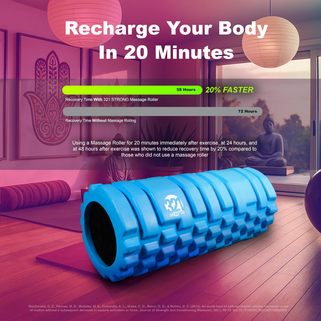 Old World Hub 321 Strong Foam Roller in medium density for muscle massage and trigger point release, shown with a 4K eBook.