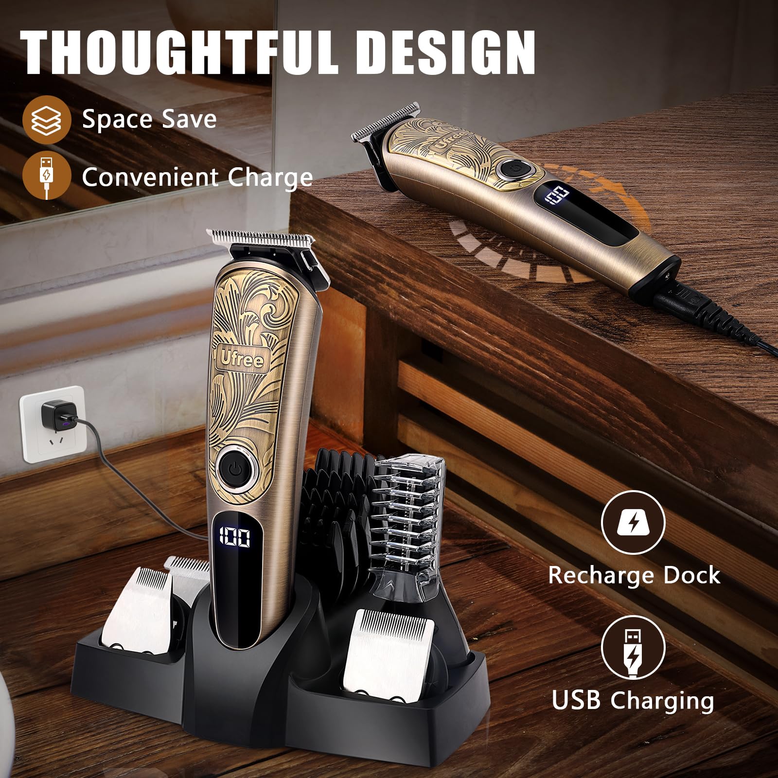 Old World Hub Ufree men's waterproof beard trimmer with attachments for nose, face, body, and mustache grooming.