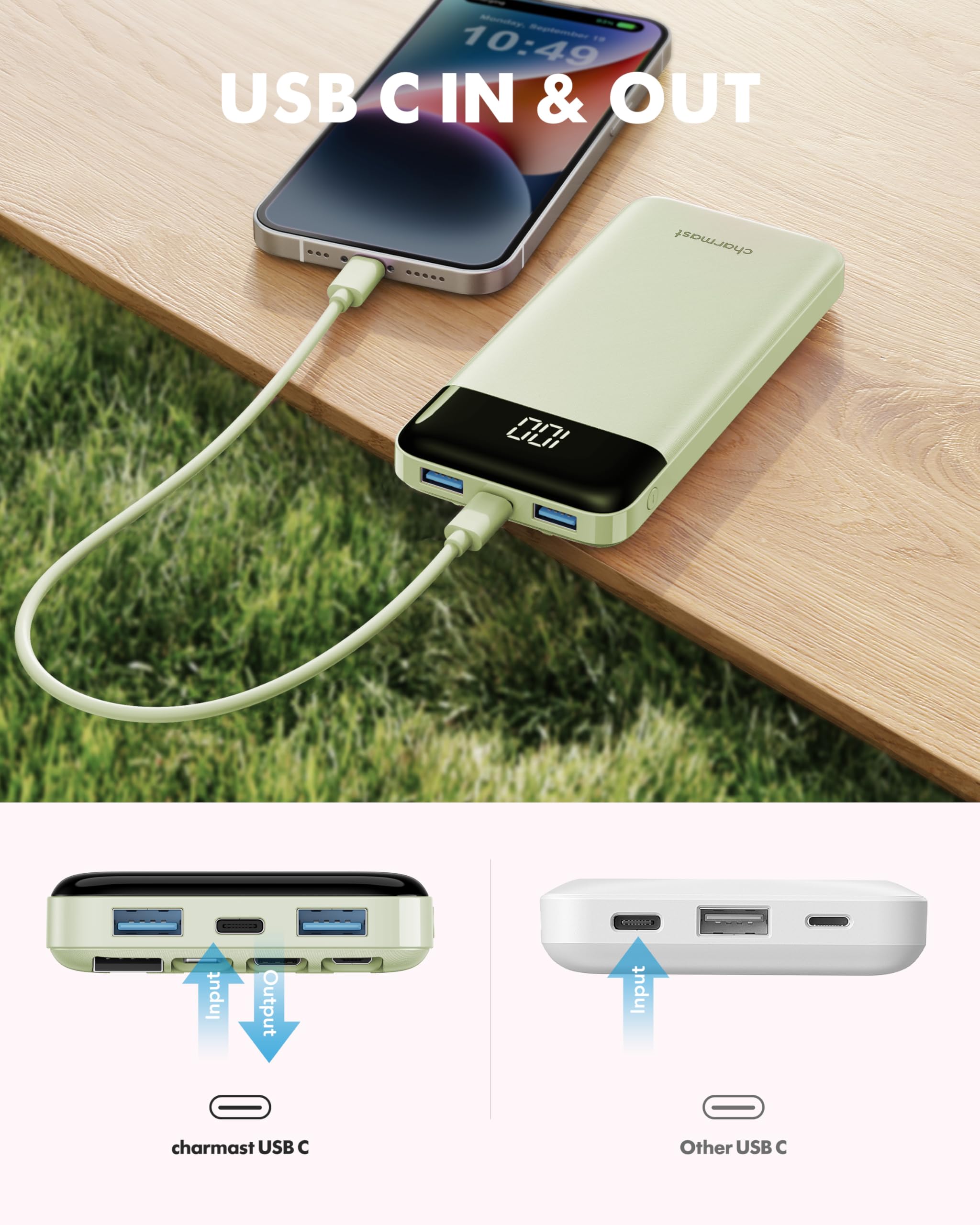Old World Hub Charmast portable power bank with built-in cables, 10000mAh capacity, multiple outputs, fast charging for smartphones and tablets.