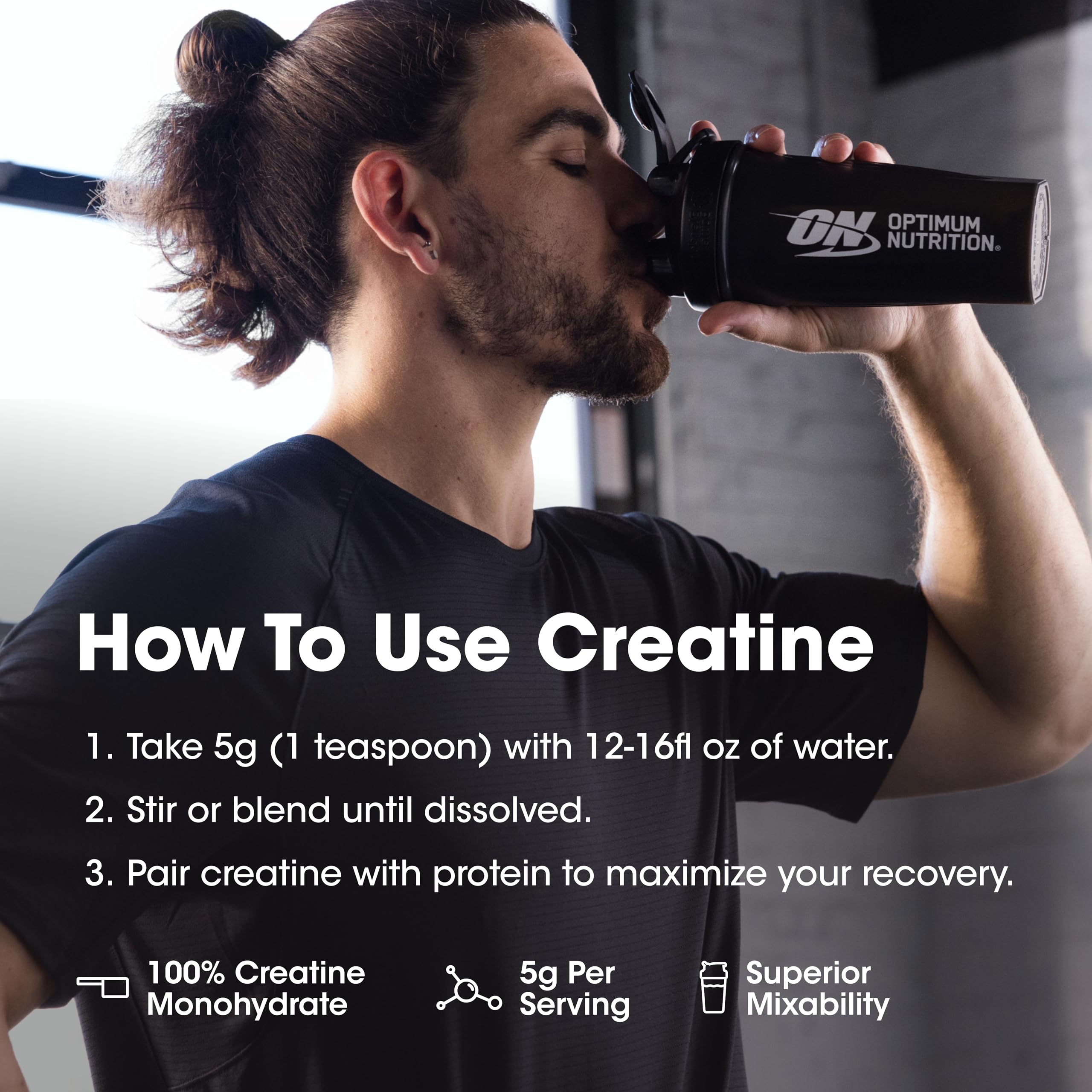 Optimum Nutrition micronized creatine monohydrate powder in unflavored form, 300g container with 60 servings.