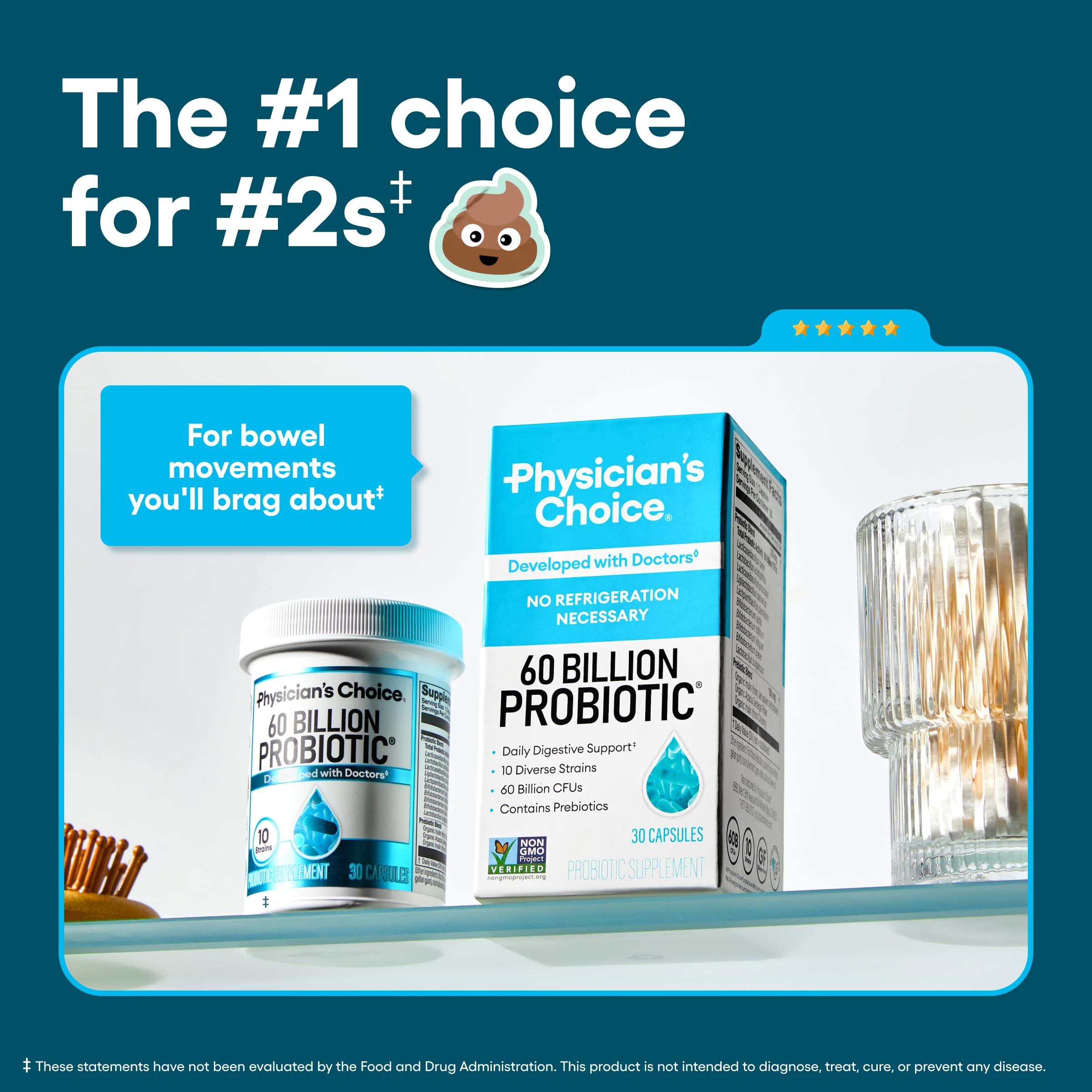 Physician's CHOICE Probiotics 60 Billion CFU with 10 strains and organic prebiotics, supporting immune, digestive, and gut health.