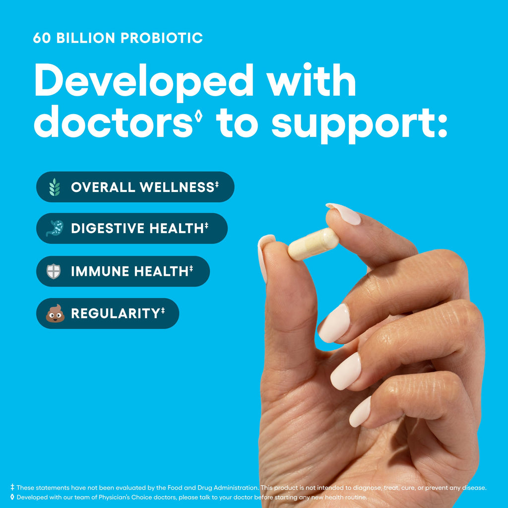 Physician's CHOICE Probiotics 60 Billion CFU supplement with 10 strains and organic prebiotics, for immune and digestive health.