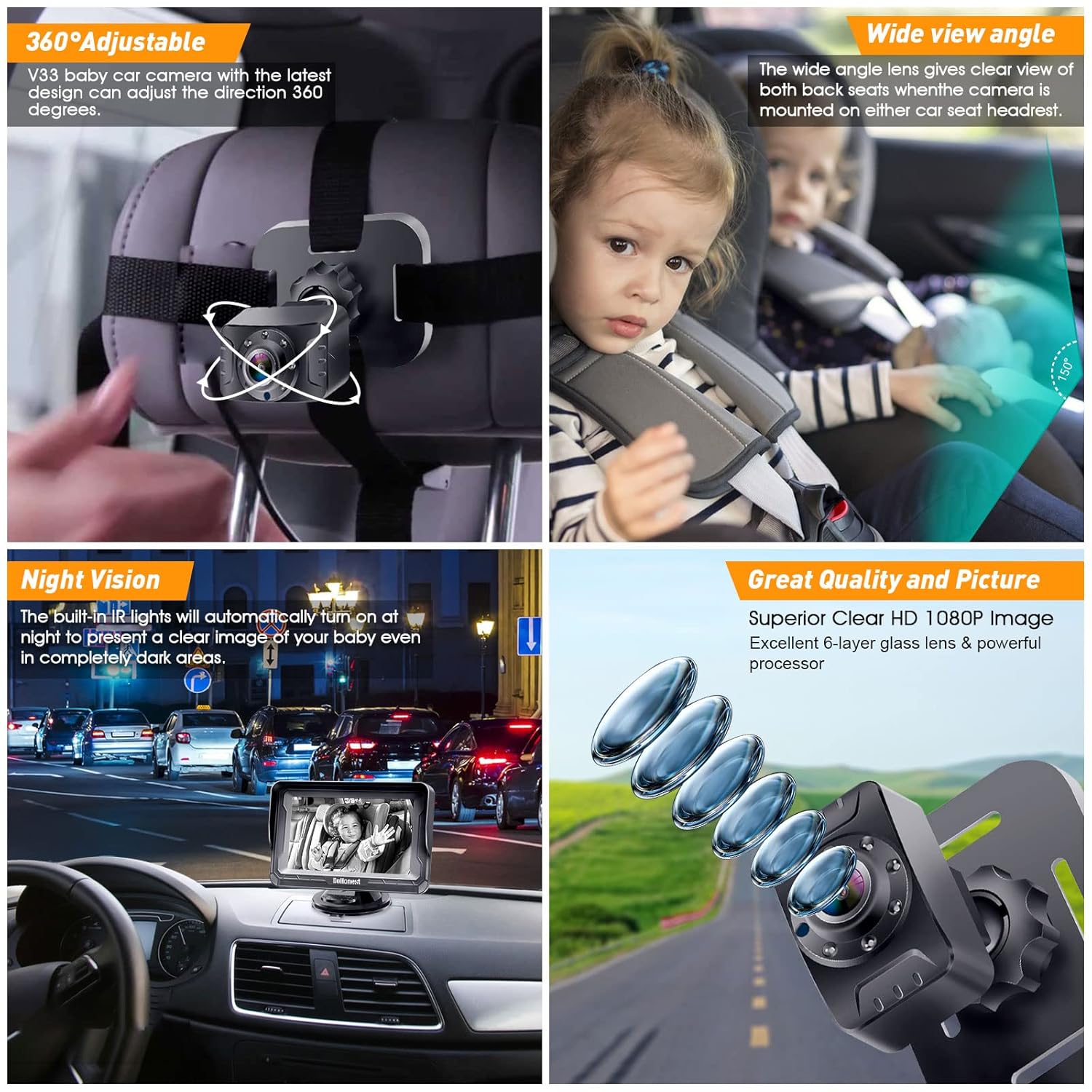 DoHonest Baby Car Camera HD 1080P with night vision, adjustable view, and anti-glare display for rear-facing car baby monitoring.