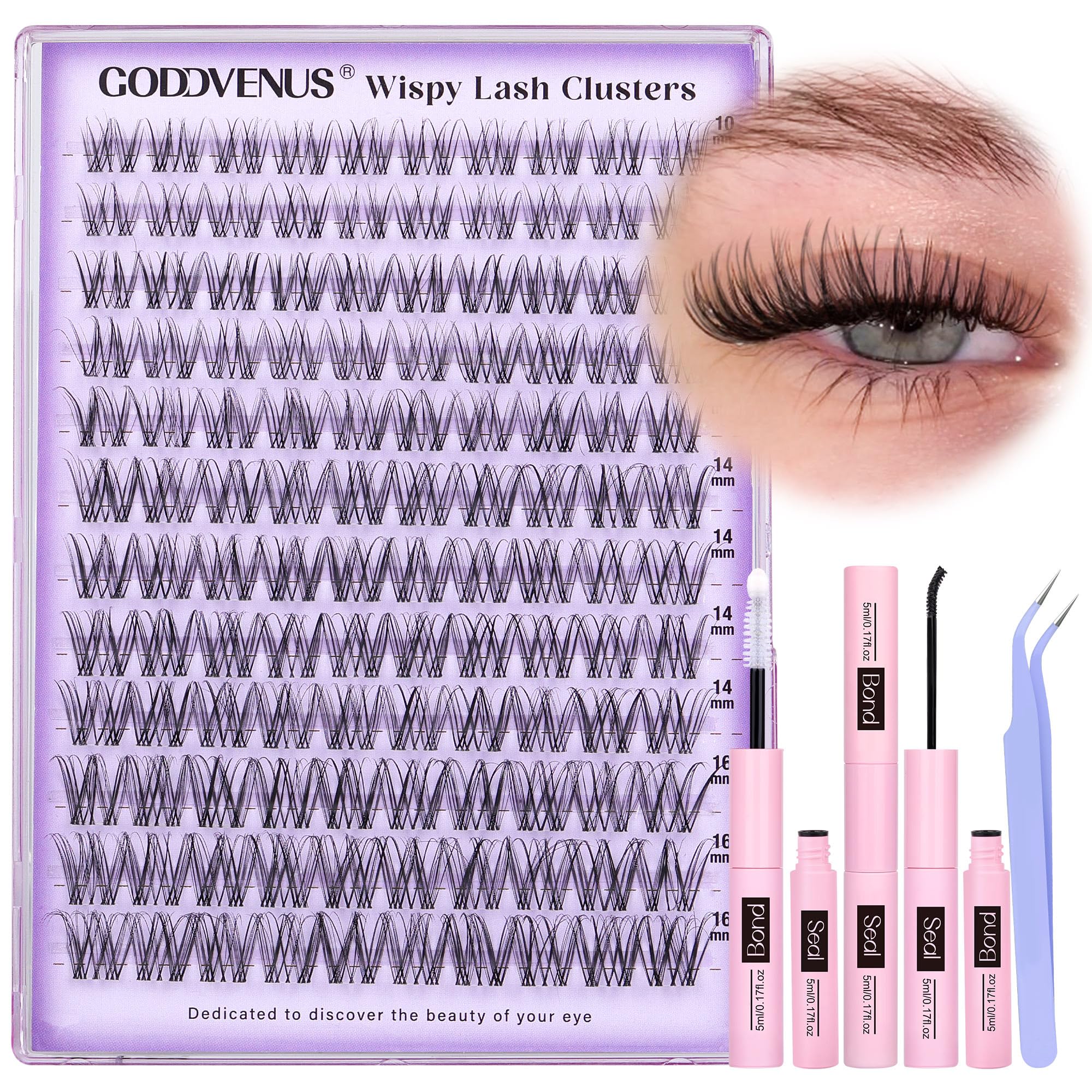 Old World Hub wispy eyelash clusters kit with 300 C curl natural DIY lash extensions in 10-16mm, no tweezers included.