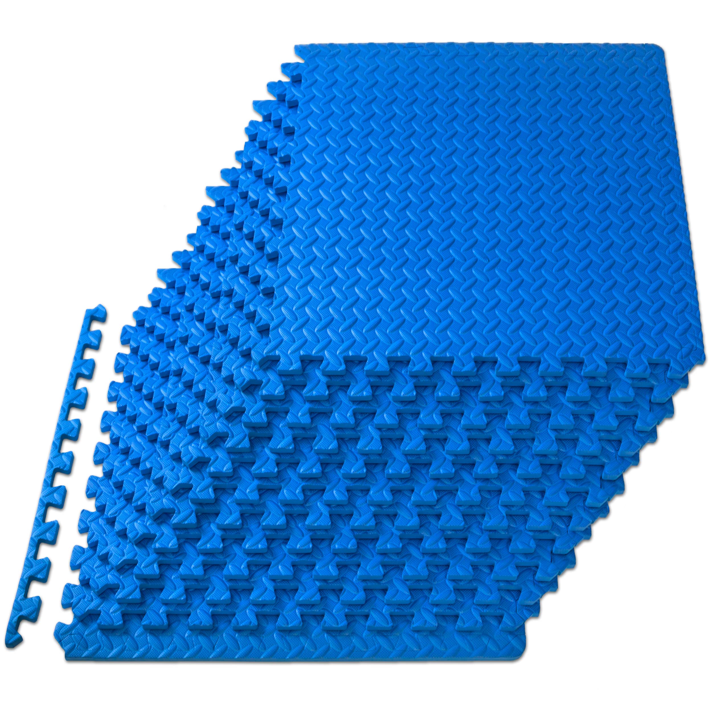 Black ProsourceFit EVA interlocking foam exercise mat tiles for home gym and workout floor padding, 24x24 inches, ½ inch thick.