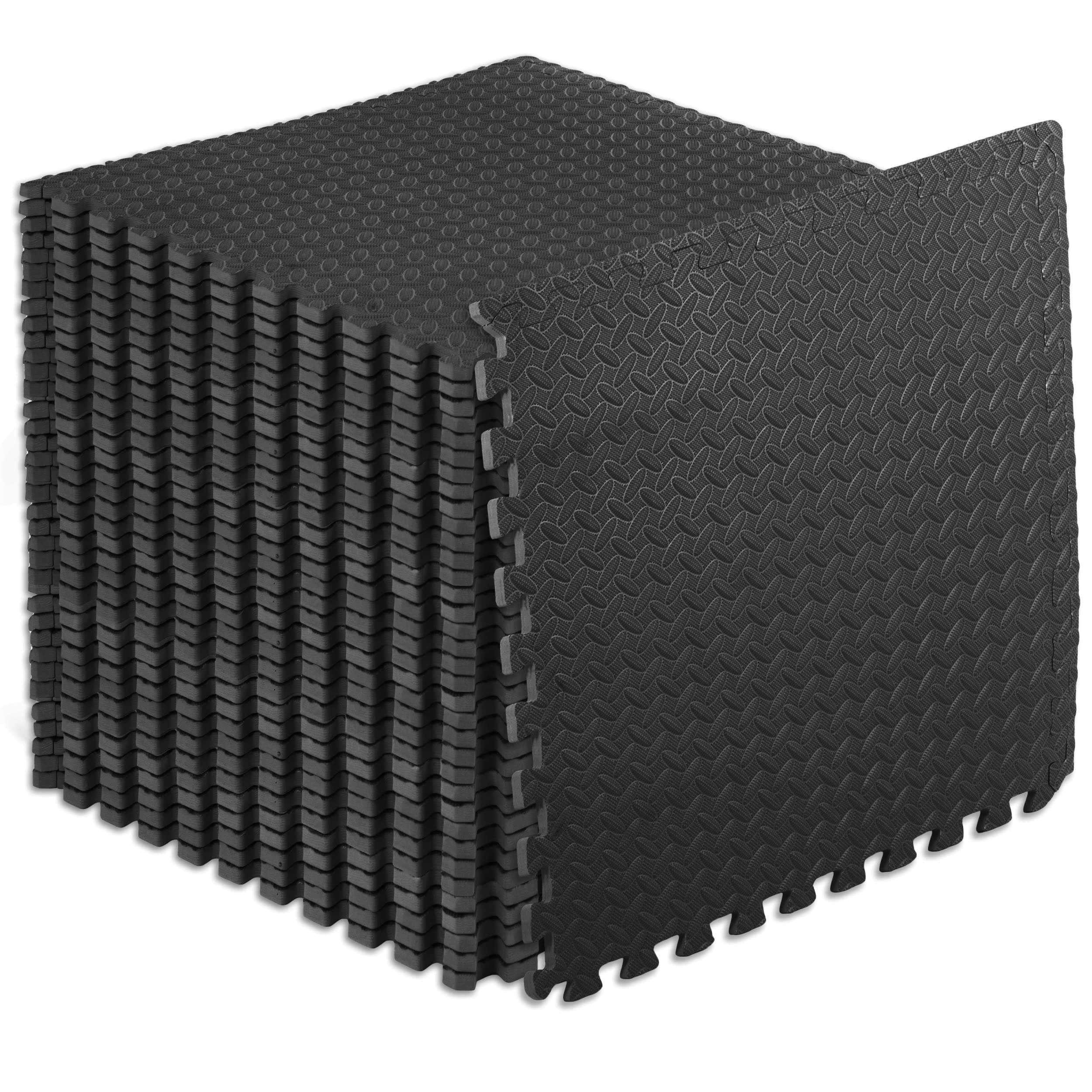 Black ProsourceFit EVA interlocking foam exercise mat tiles for home gym, 24x24 inches, ½ inch thick, versatile floor padding.