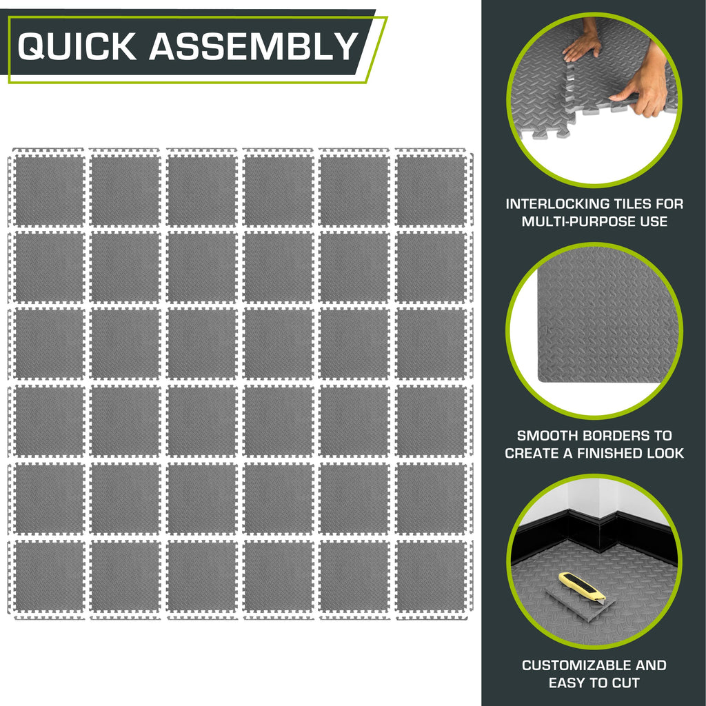 Black ProsourceFit EVA interlocking foam exercise mat with 12 tiles, 24x24 inches, ½ inch thick, for home gym and kids' play area.