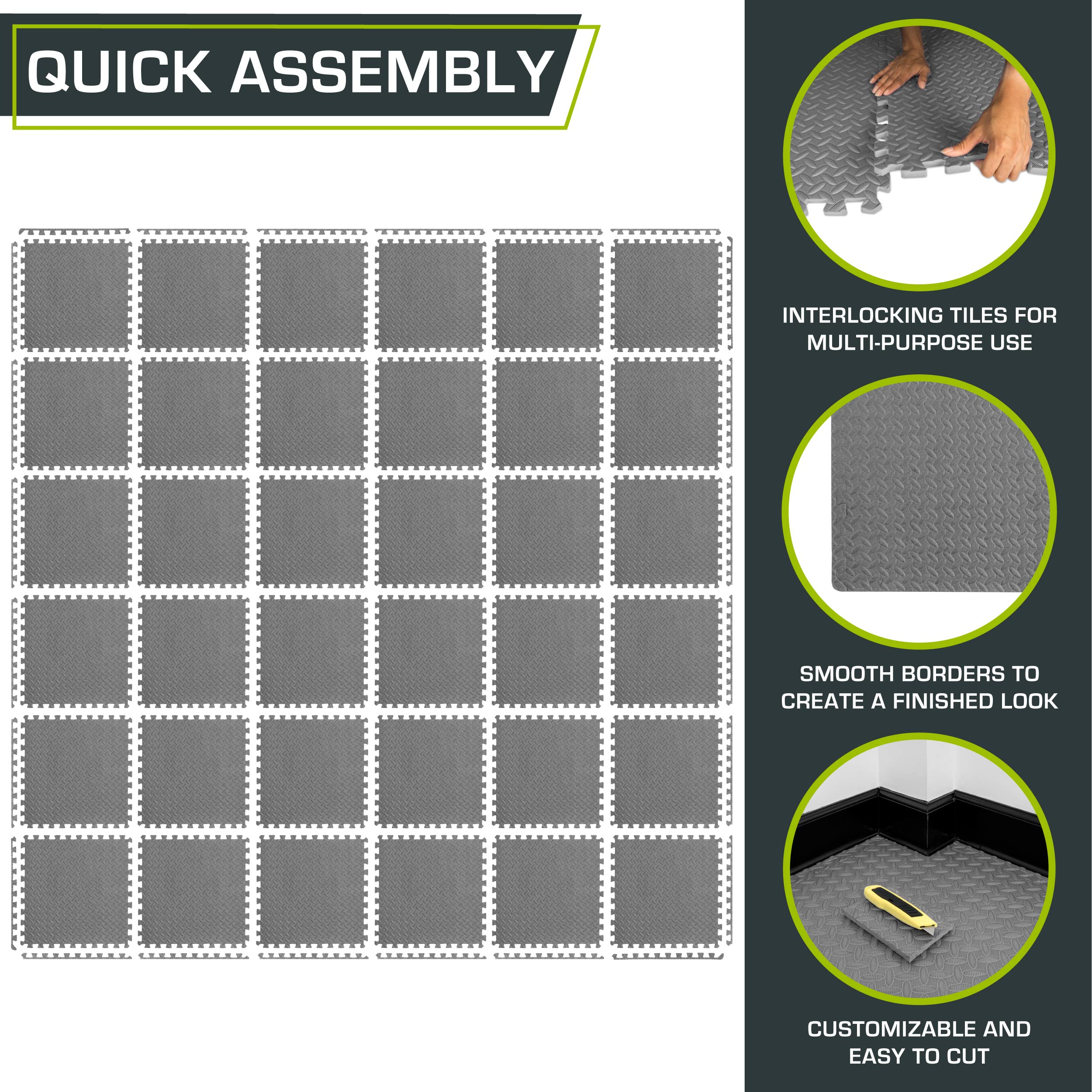 Black ProsourceFit EVA interlocking foam exercise mat with 12 tiles, 24x24 inches, ½ inch thick, for home gym and kids' play area.
