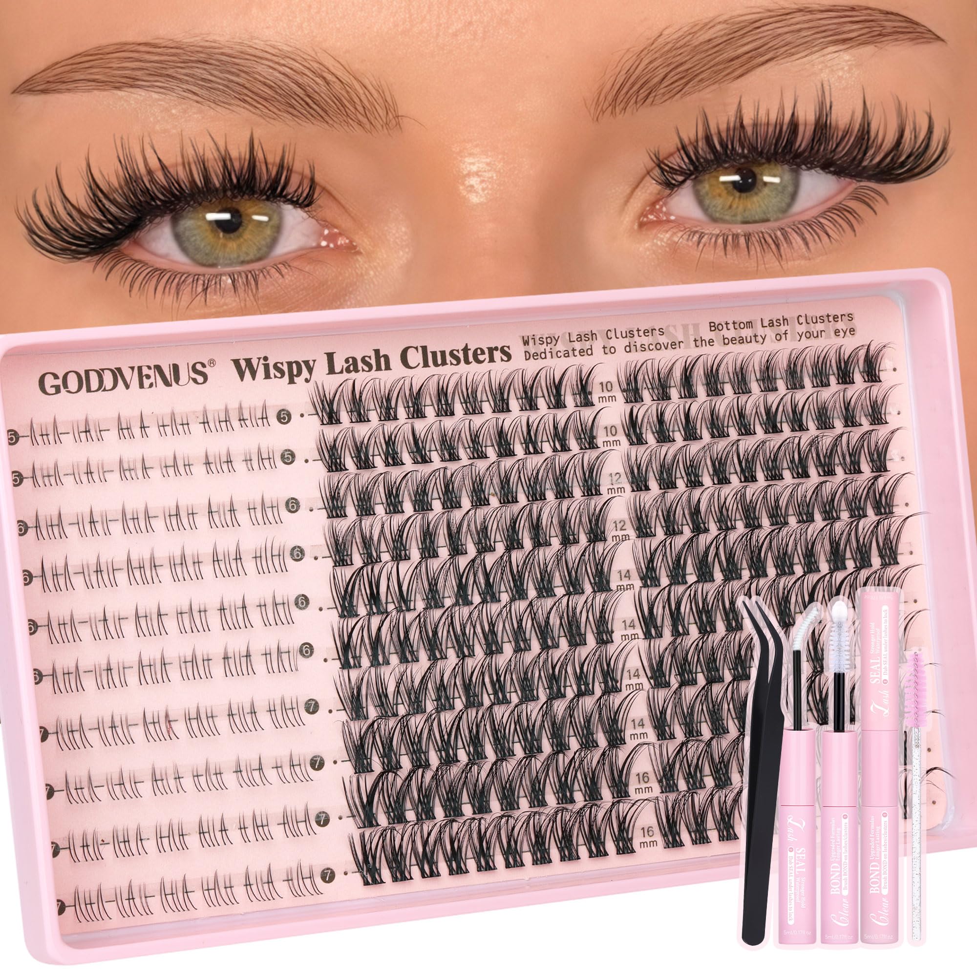 Old World Hub lash clusters kit featuring 300 natural C curl eyelash extensions in 10-16mm for DIY lash extension application.