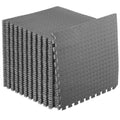 Black ProsourceFit EVA interlocking foam exercise mat tiles for home gym, measuring 24x24 inches, ½ inch thick, 12 tiles shown.