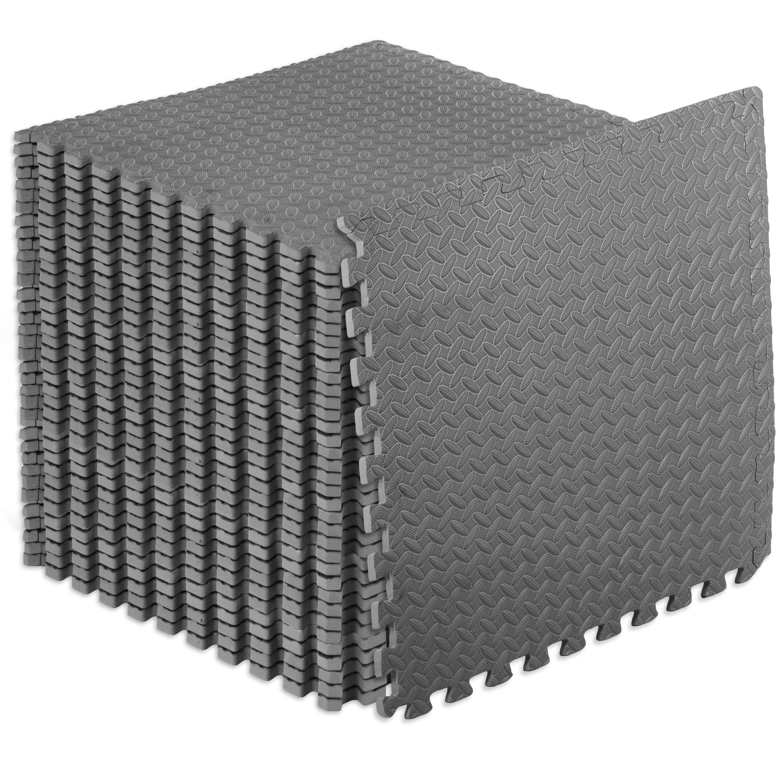 Black ProsourceFit EVA interlocking foam exercise mat tiles for home gym, measuring 24x24 inches, ½ inch thick, 12 tiles shown.