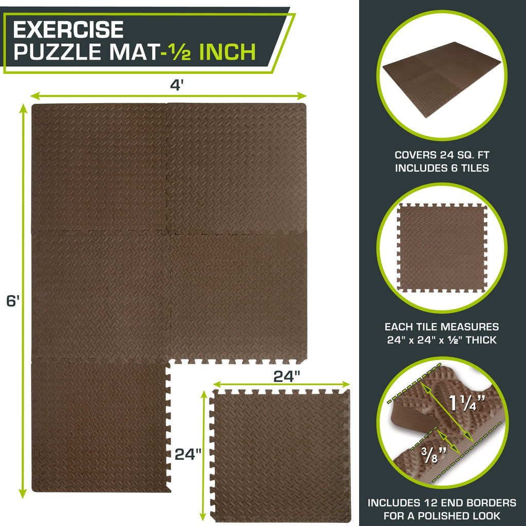 Black ProsourceFit foam puzzle exercise mat with interlocking tiles, 24x24 inches, ½ inch thick for home gym flooring.