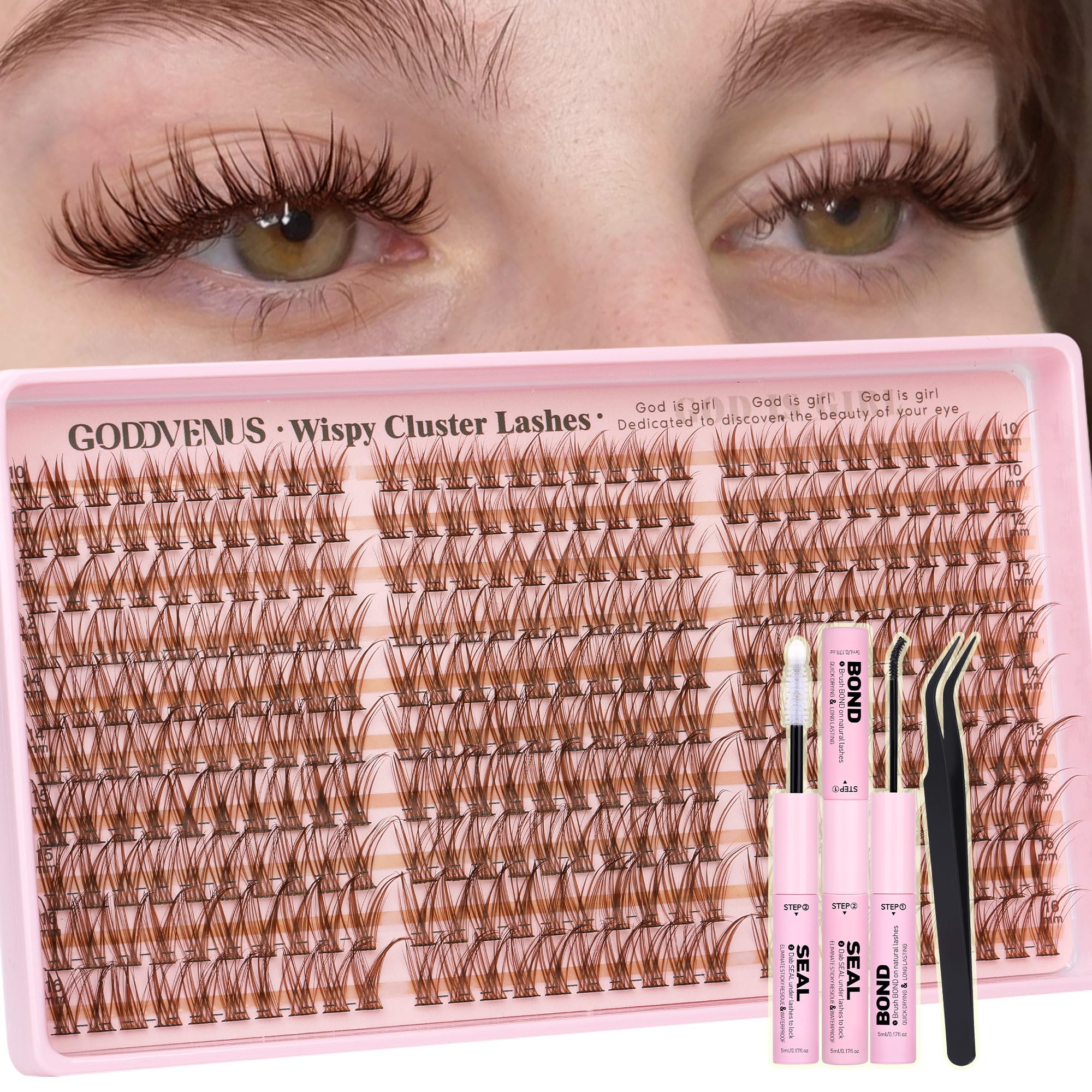 Old World Hub wispy eyelash clusters kit with 300 C curl natural DIY lash extensions in 10-16mm, no tweezers included.