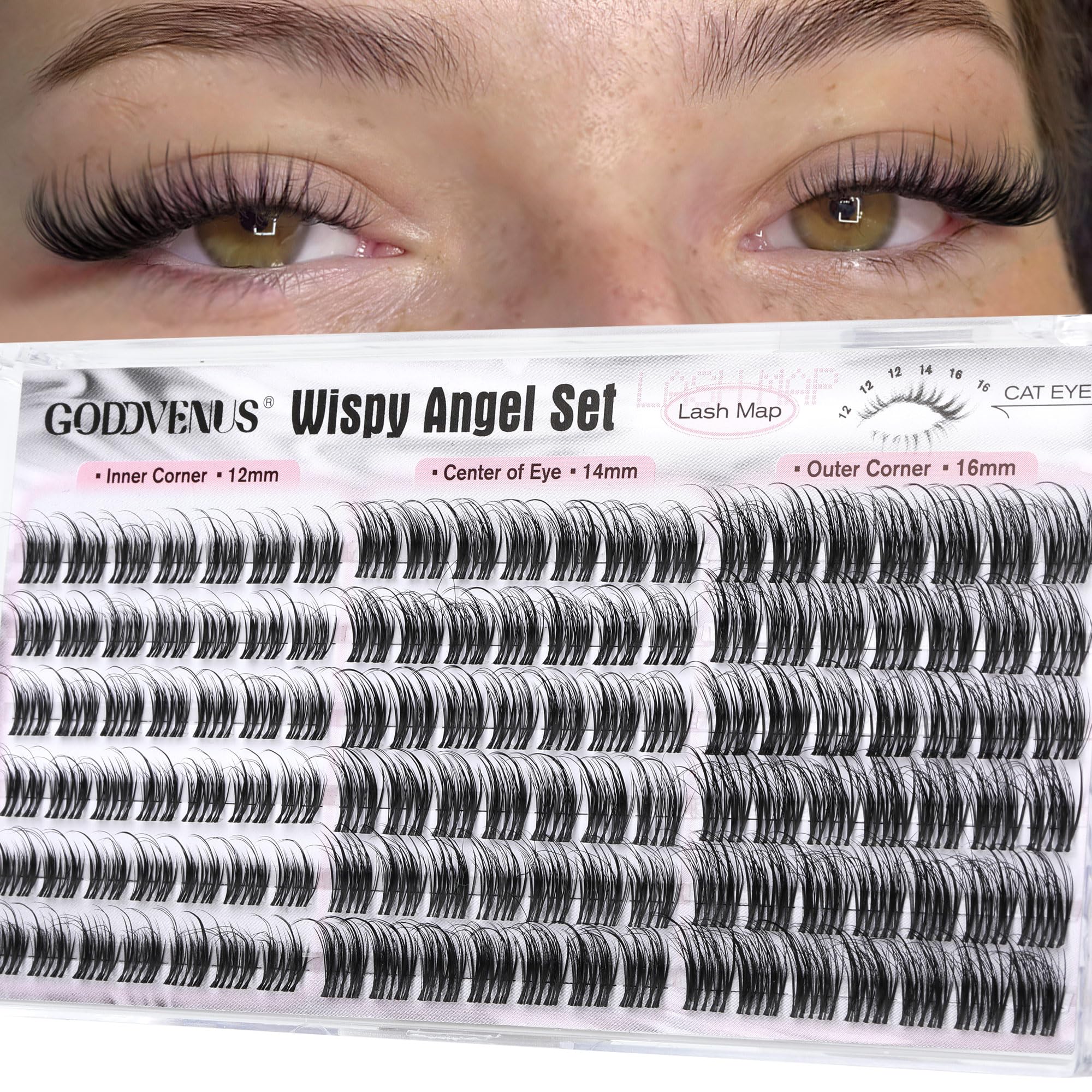 Old World Hub lash clusters kit with 300 natural C curl eyelash extensions, 10-16mm wispy DIY lash extension clusters