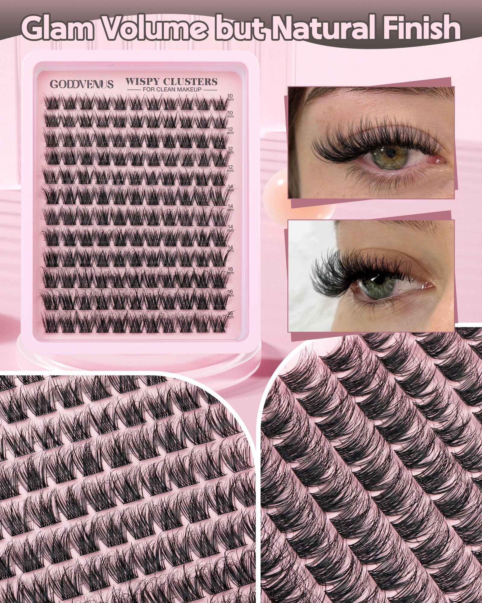 Old World Hub wispy eyelash clusters kit with 300 C curl natural DIY lash extensions, 10-16mm, no tweezers included.