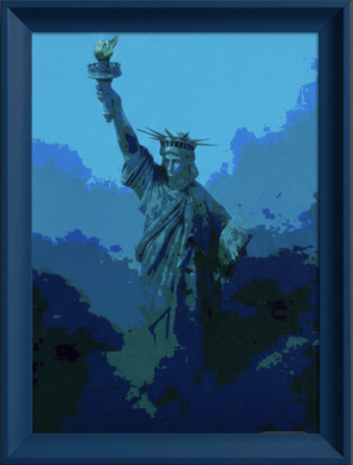 Framed wall art of Statue of Liberty in blue abstract style, premium home decor