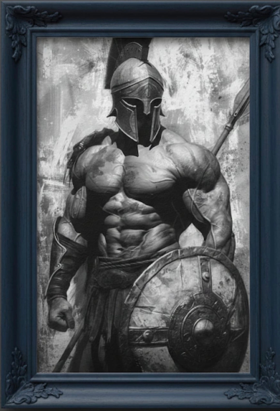 Framed black and white wall art of a muscular ancient warrior with helmet, shield, and spear.