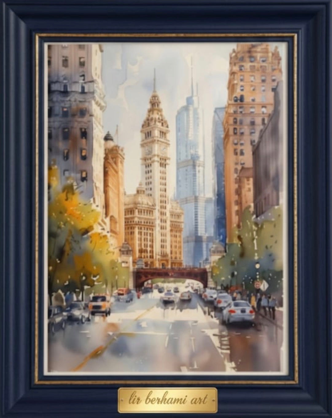 Framed cityscape wall art painting of a busy street with historic tall buildings and cars