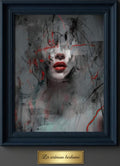 Abstract wall art of a woman's face with bold red lips and expressive brush strokes in a dark frame