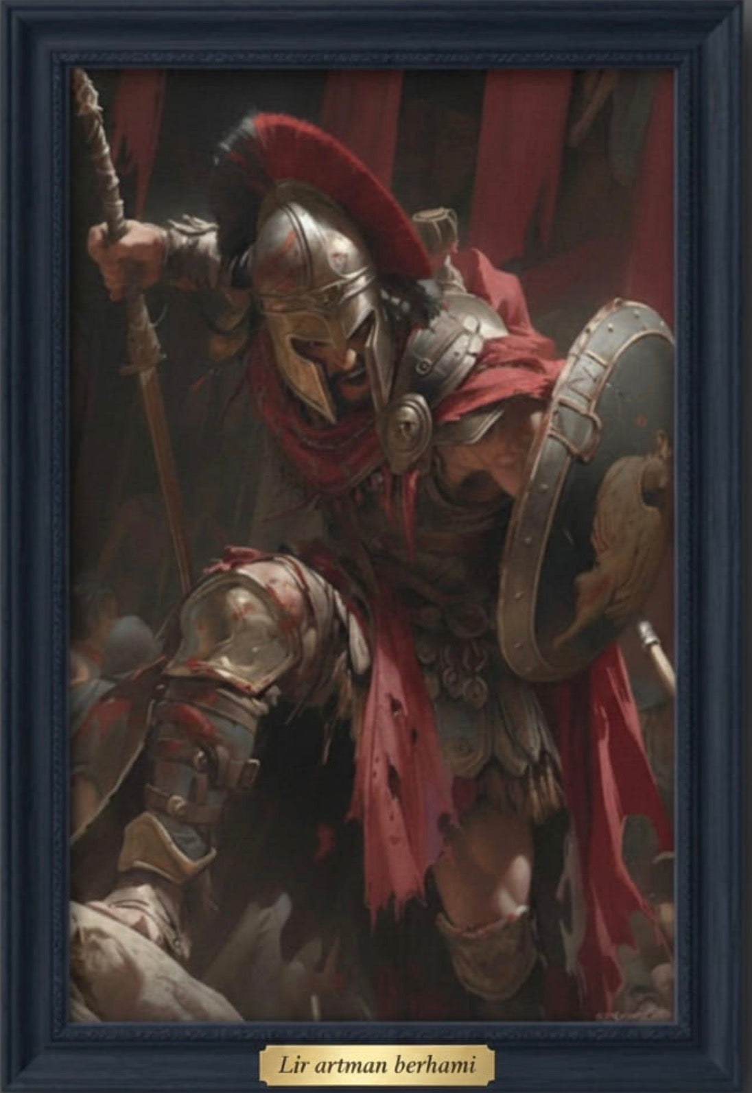Framed wall art of armored ancient warrior with spear, helmet, and shield in dramatic battle scene