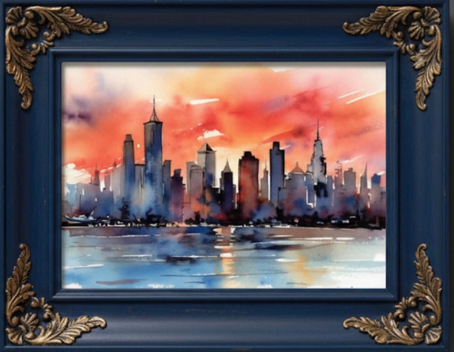 Framed watercolor city skyline wall art with blue and gold accents, sunset background