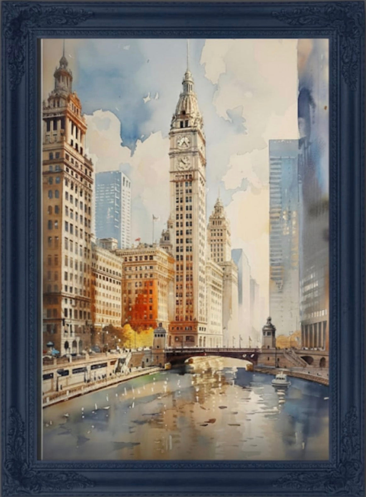 Framed wall art of a cityscape with historic buildings and a river reflection