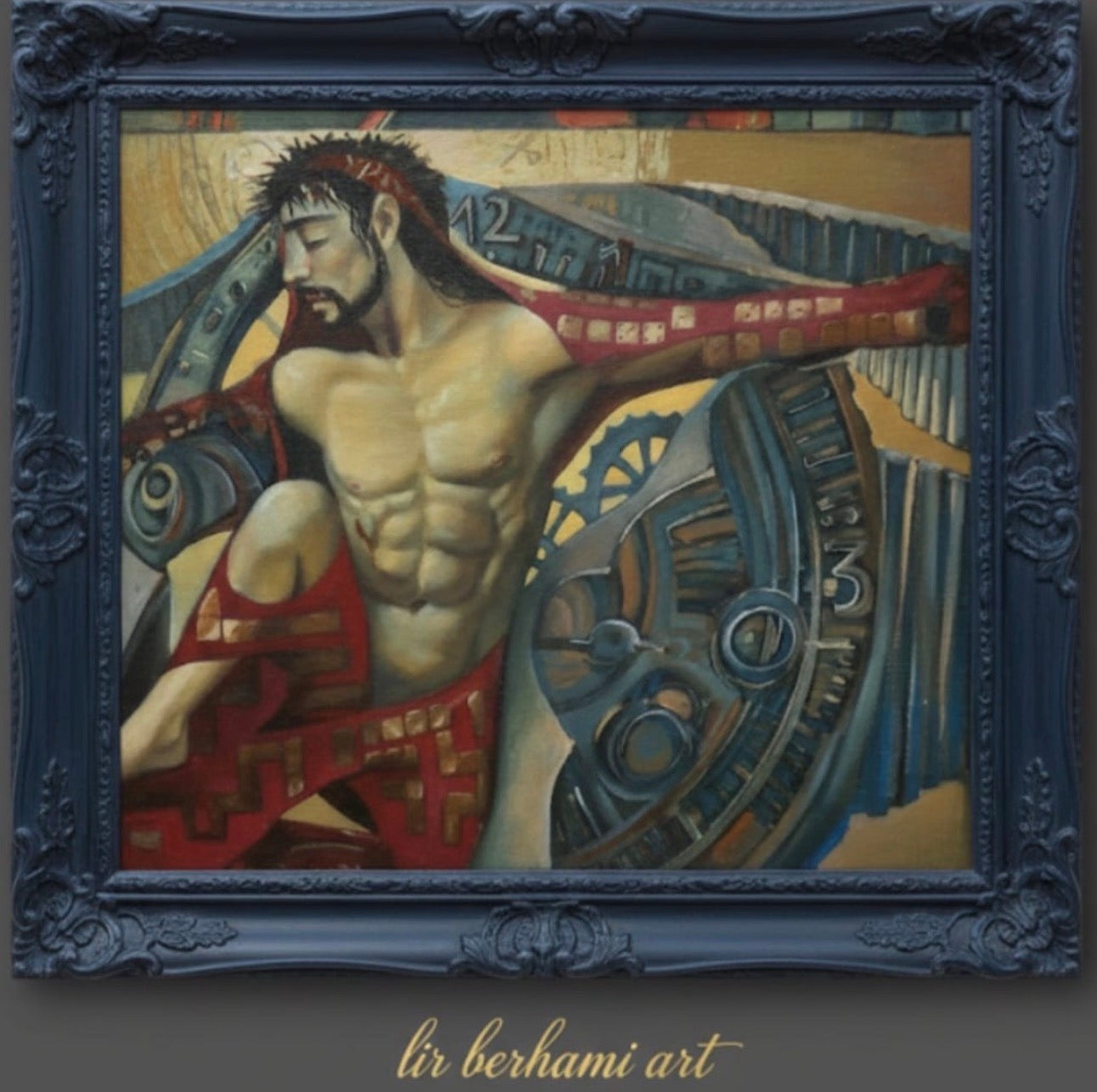 Abstract crucifixion wall art featuring a muscular figure and clockwork gears, ornate frame