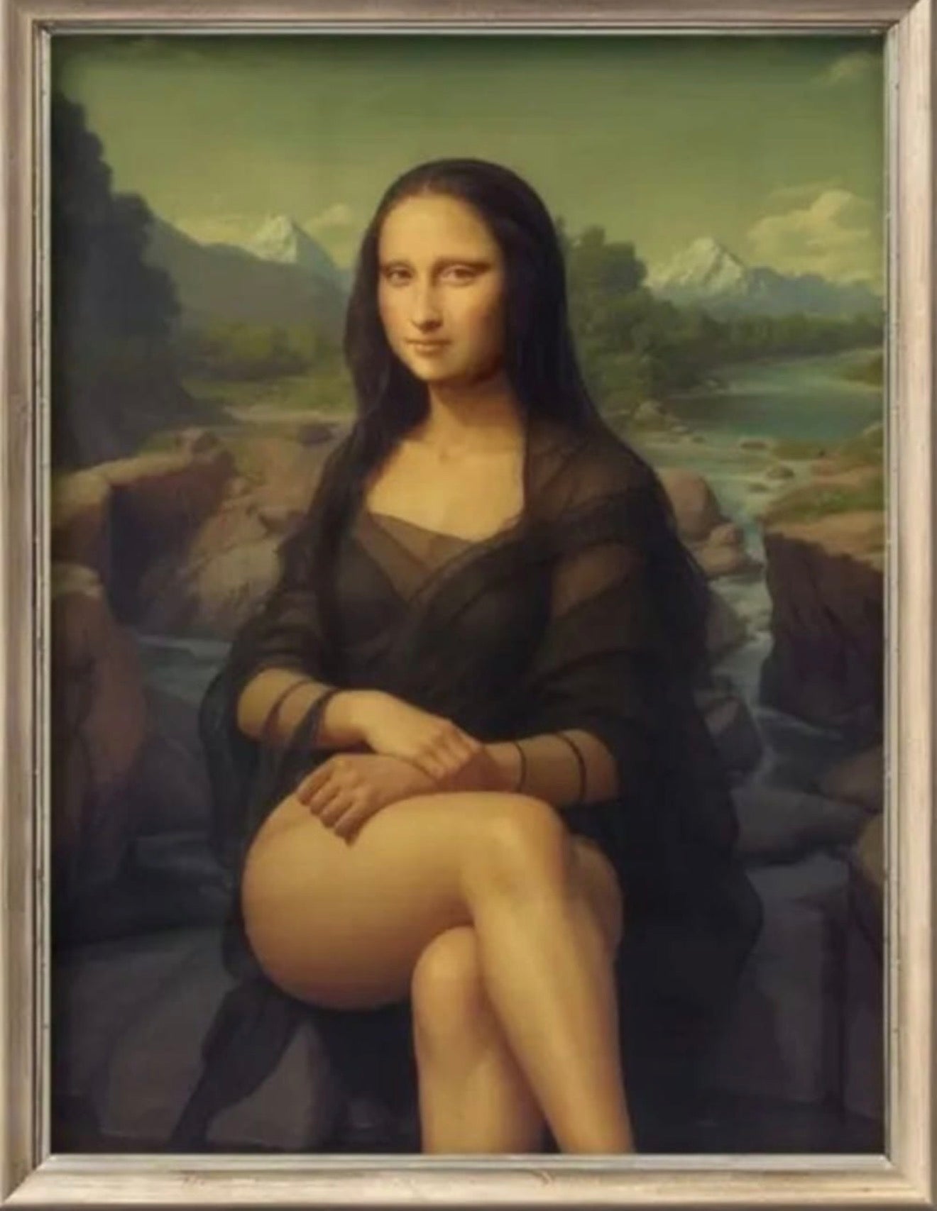 Close-up of the Mona Lisa painting by Old World Hub, showcasing her enigmatic smile and detailed portrait.