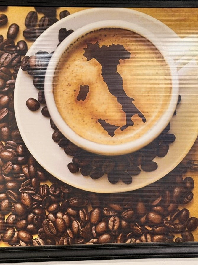 Cup of coffee with Italy map in foam, surrounded by coffee beans, coffee art wall decor